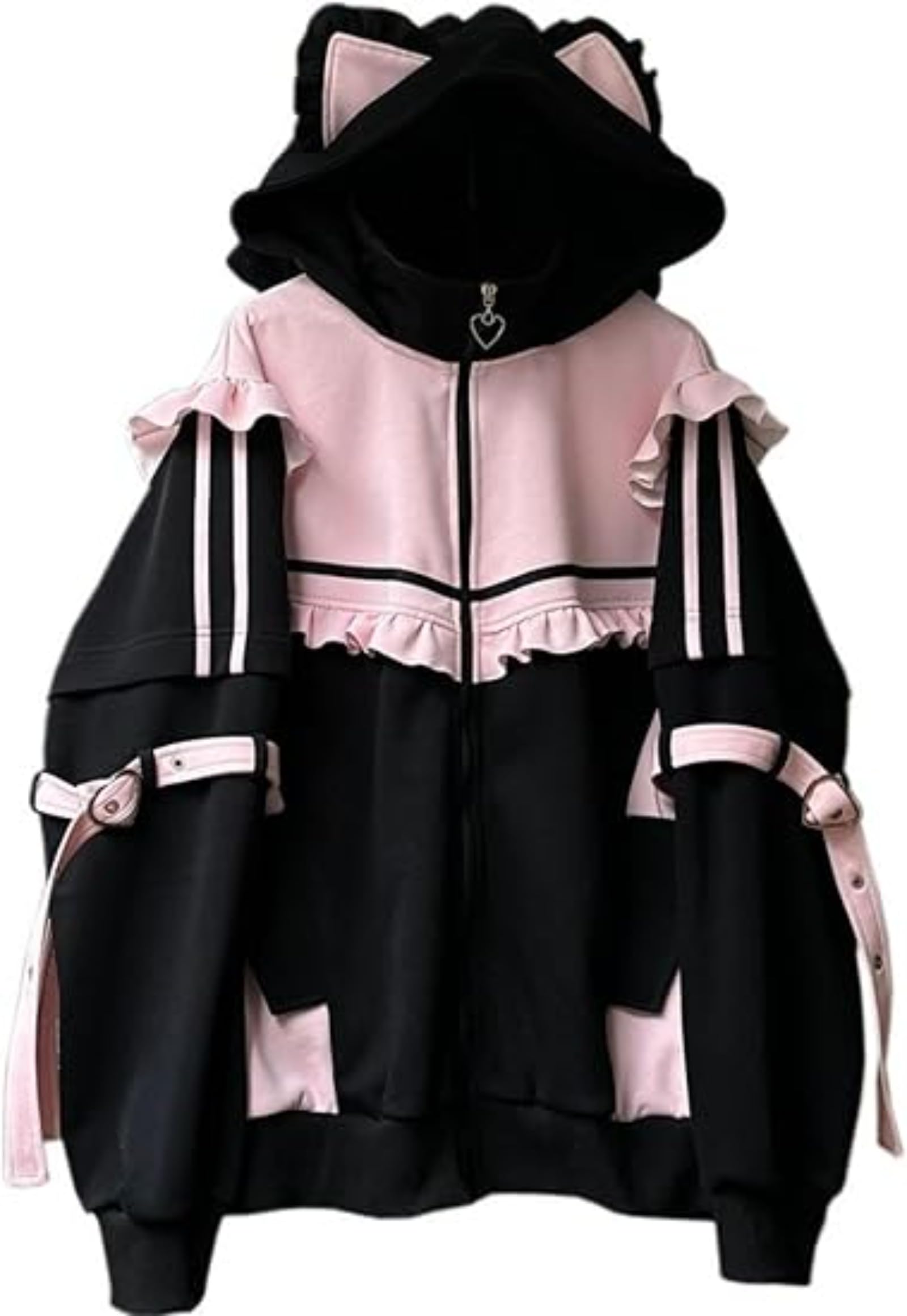 Pokn Tenshi Kawaii Hoodies Jirai Kei Fashion Cute Cat Ears Clothes Oversized Zip Up Hoodie Gothic Top: Pink Medium