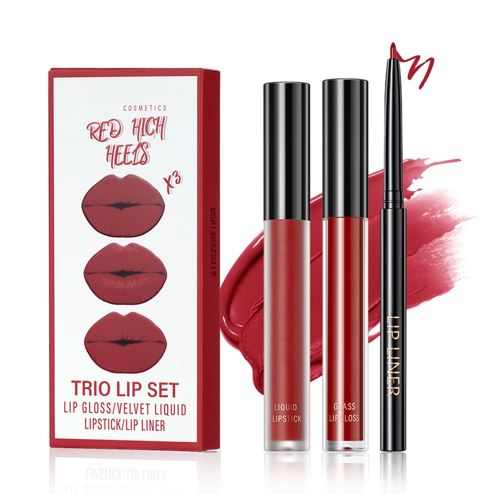 QIUFSSE 3 in 1 Black Lip Liner Pencil and Lipstick lipgloss Set Matte Black Lipstick Lip Gloss Kit Long-lasting Nonstick Cup Smudge Proof Lip Kits with Lip Liner,Velvet Goth Makeup (): 06# Red High Heels