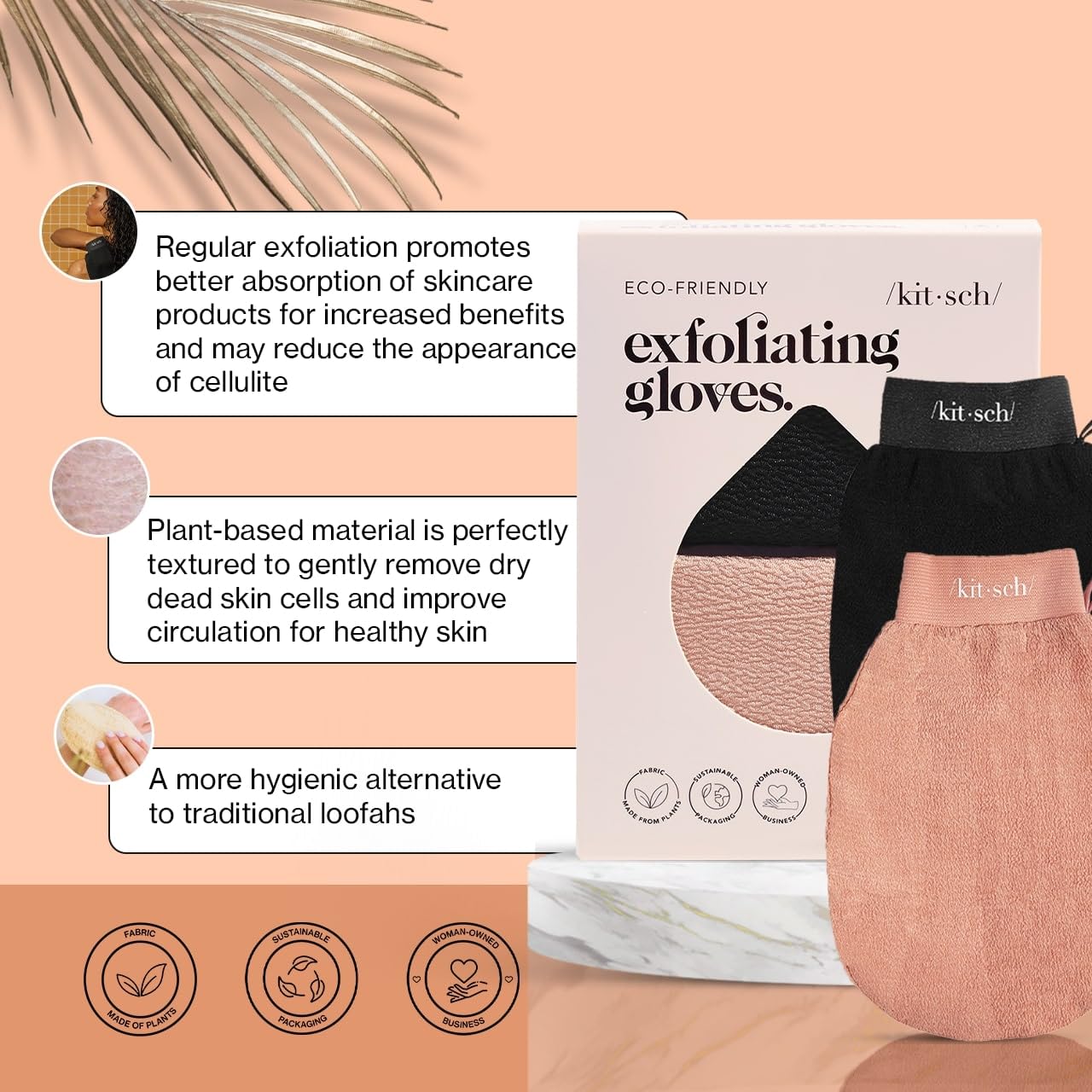 Kitsch Deep Exfoliating Glove, Eco Friendly Exfoliating Body Scrubber, Dead Skin Remover and Body Scrub Mitt for Skin Cell Renewal, for Shower and Bath, Black & Terracotta - 2pcs