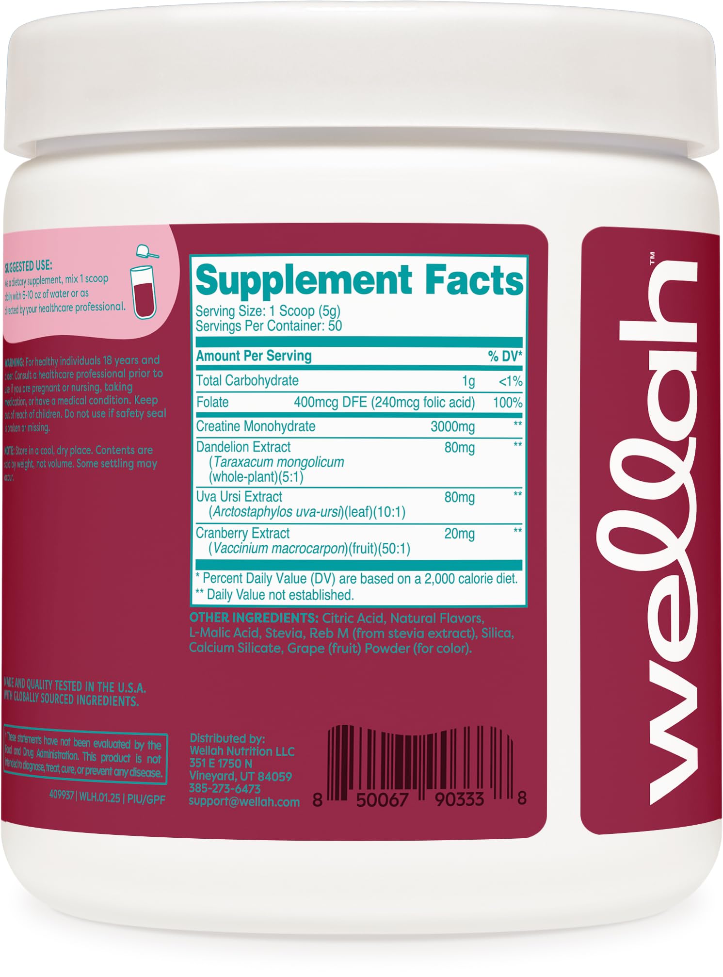 Wellah Pump-It-Up Creatine (50 Servings, ) - Creatine Monohydrate with Dandelion, Uva Ursi, & Cranberry Extract: Guava Passionfruit