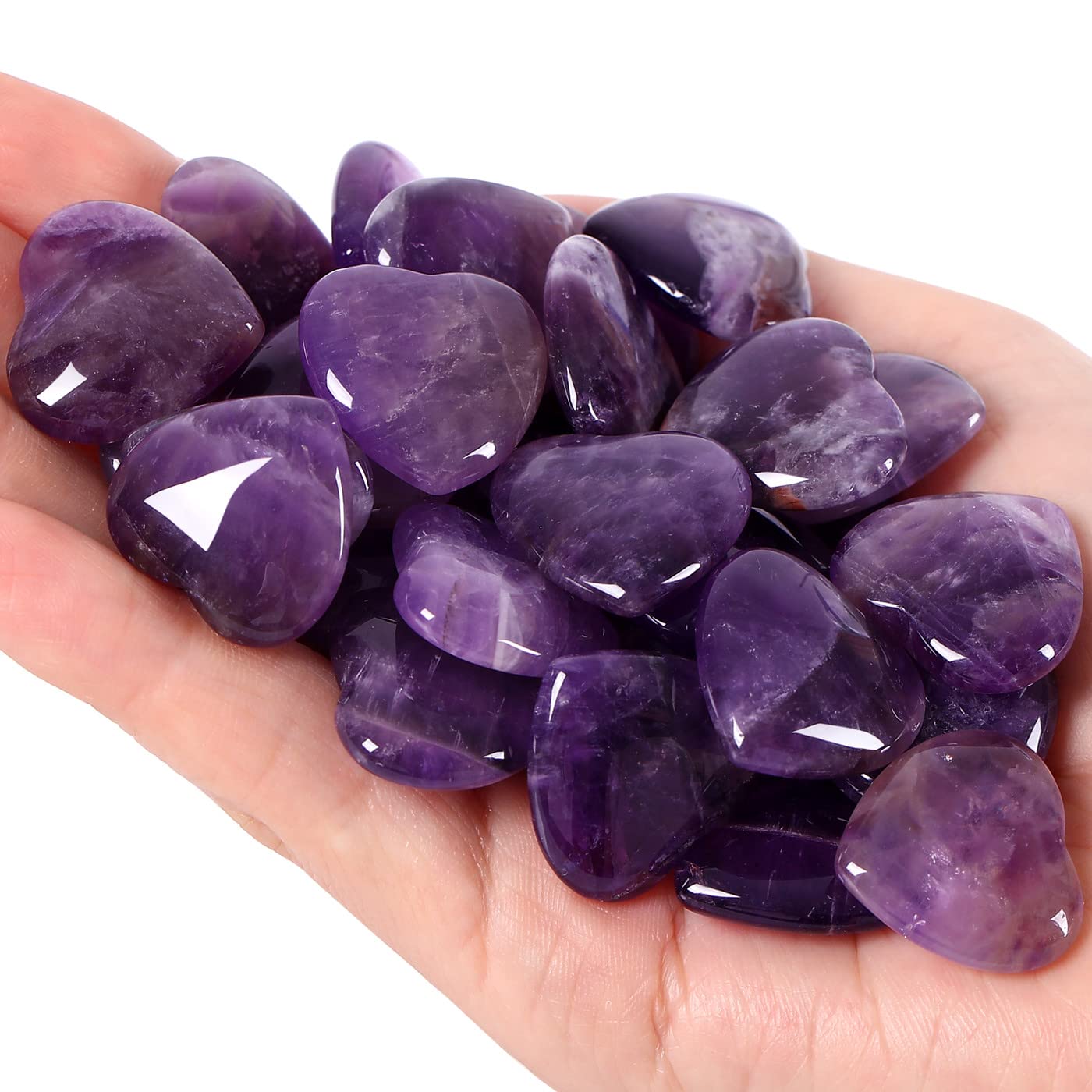 20 PCS Rose Quartz Heart Crystals Natural Crystal Polished Healing Cute Mini Pocket Stones Palm Thumb Love Gemstones Set Bulk Wholesale Reiki Energy Balancing Meditation Pink Heart Gifts for Mother Women: Amethyst - 20PCS