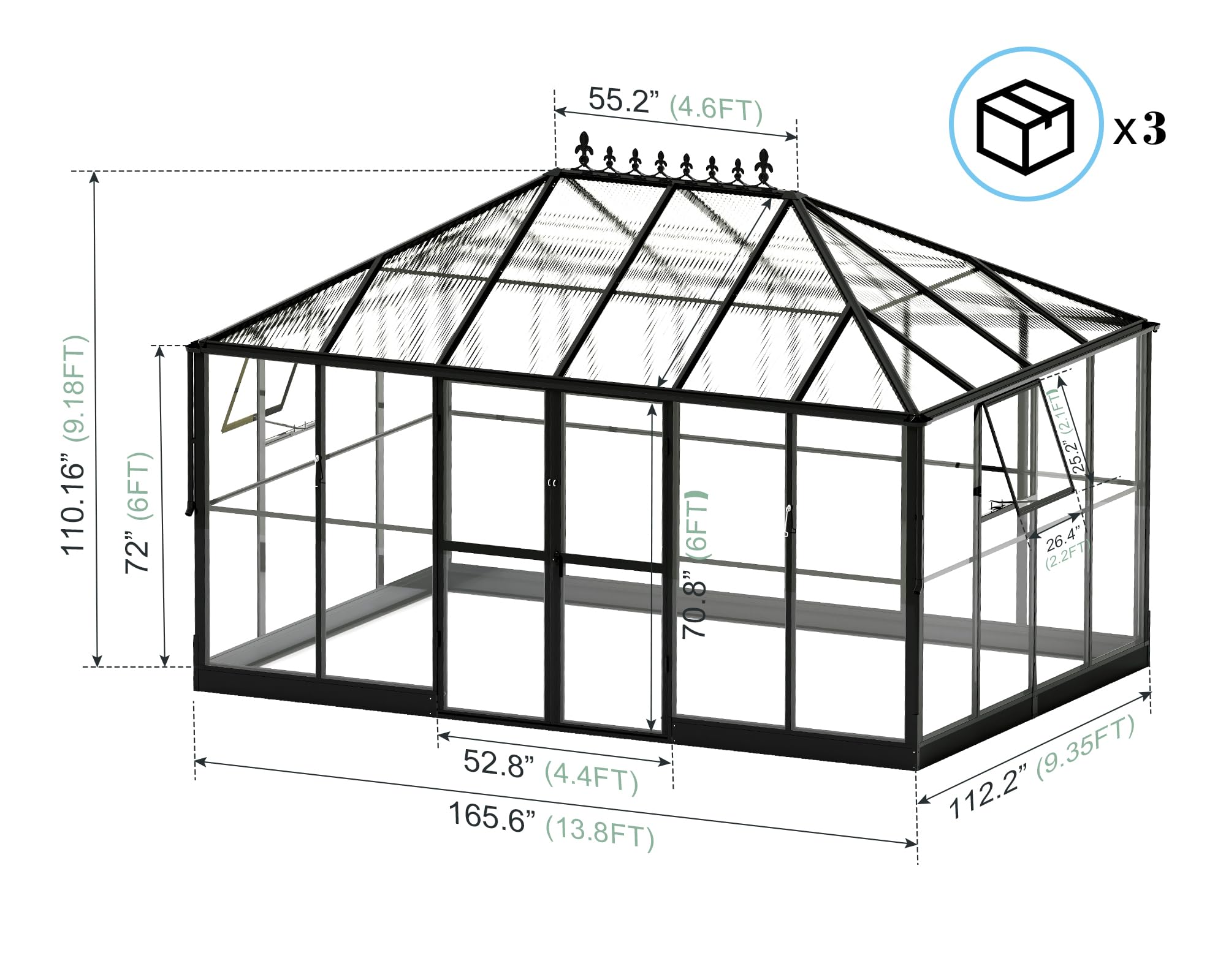 Jocisland 16x12x9.5 FT Polycarbonate Greenhouse- 6 FT Wall Height Outdoor Aluminum Greenhouses with 2 Ventilation and Rain Gutter, Double Doors with Hook, Walk-in Greenhouse for Backyard Garden: Unbroken Clear PC Panels+6mm PC Panels 14x9.5x9 FT