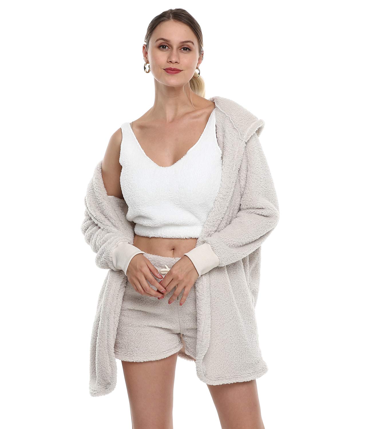 VNVNE Womens Sexy Fuzzy Warm Sherpa Fleece 3 Piece Outfit Fleece Coat Jacket Outwear and Spaghetti Strap Crop Top Shorts Set: 3X-Large White