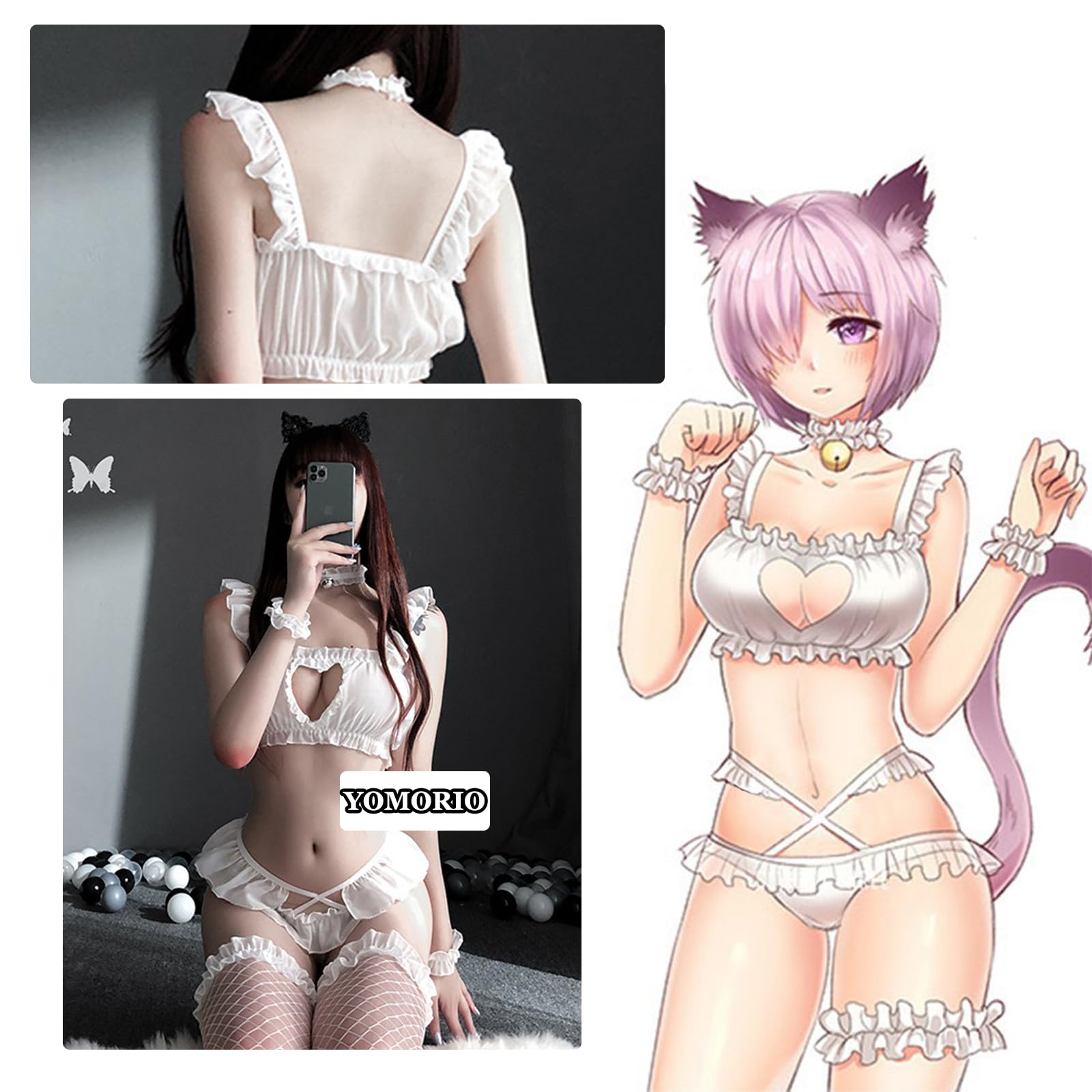 YOMORIO Anime Cute Cat Cosplay Costume Womens Open Chest Lingerie Lolita Japanese Style Nightie: White