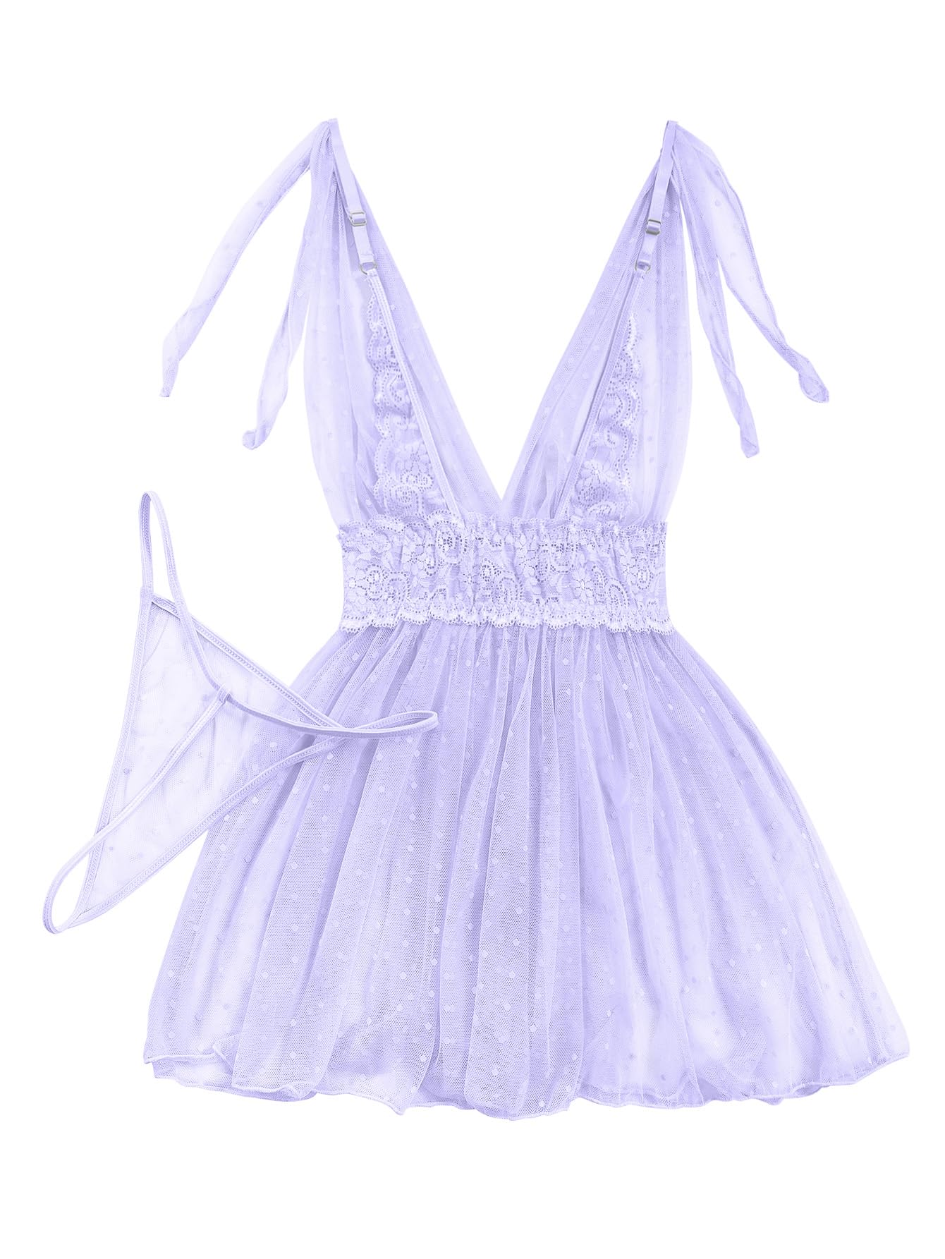 Lilosy Sexy Polka Dots Mesh Sheer Lace Babydoll Chemise Lingerie Set Floral Lace Sleep Wear: Large Light Purple