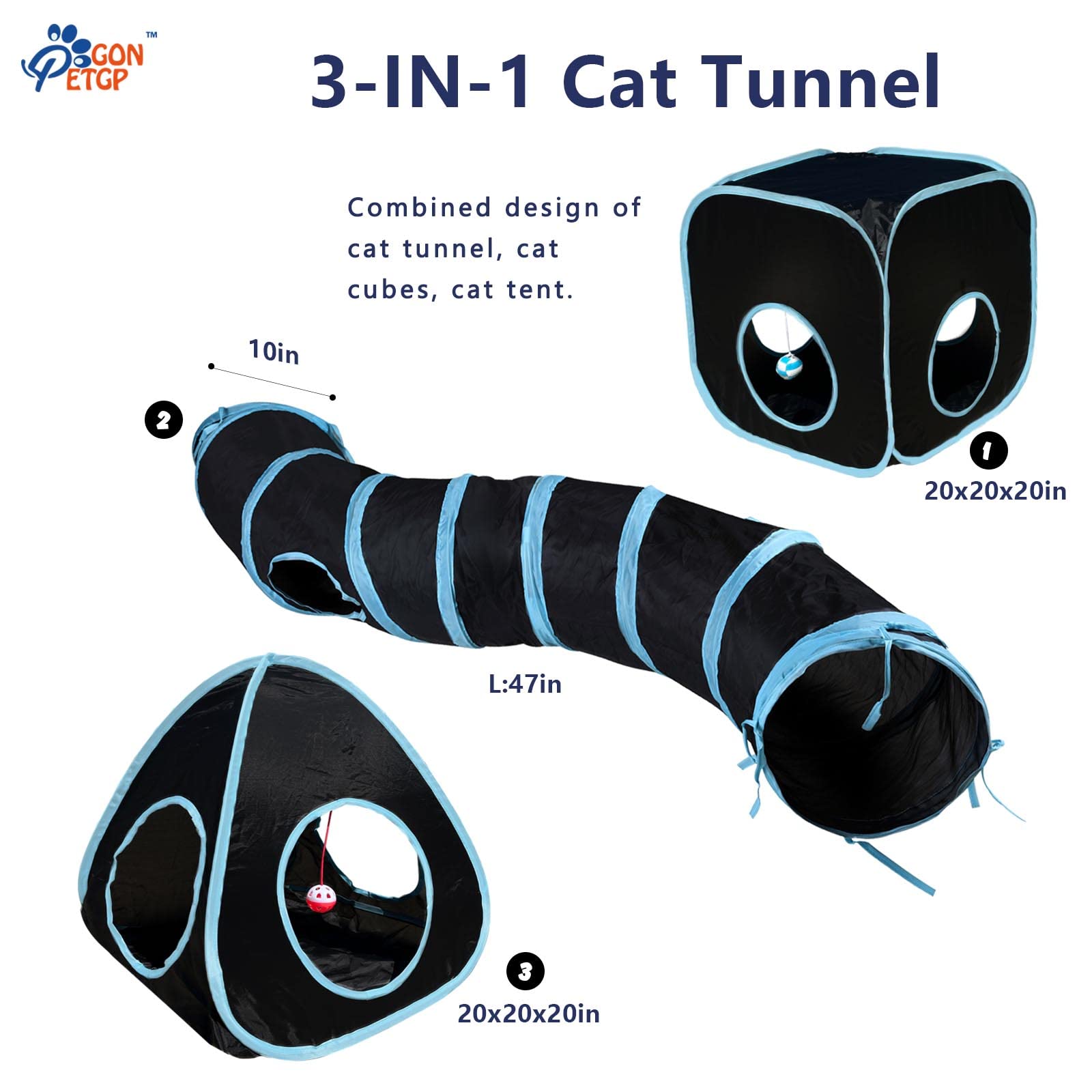 GONPETGP Cat Tunnels for Indoor Cats with Cube Tent Toys Combo, Pop Up Collapsible Crinkle Interactive Peek Hole, Cat Tube with Play Ball and Bell for Kitten, Puppy, Kitty, Rabbit - Set of 3: A-Black