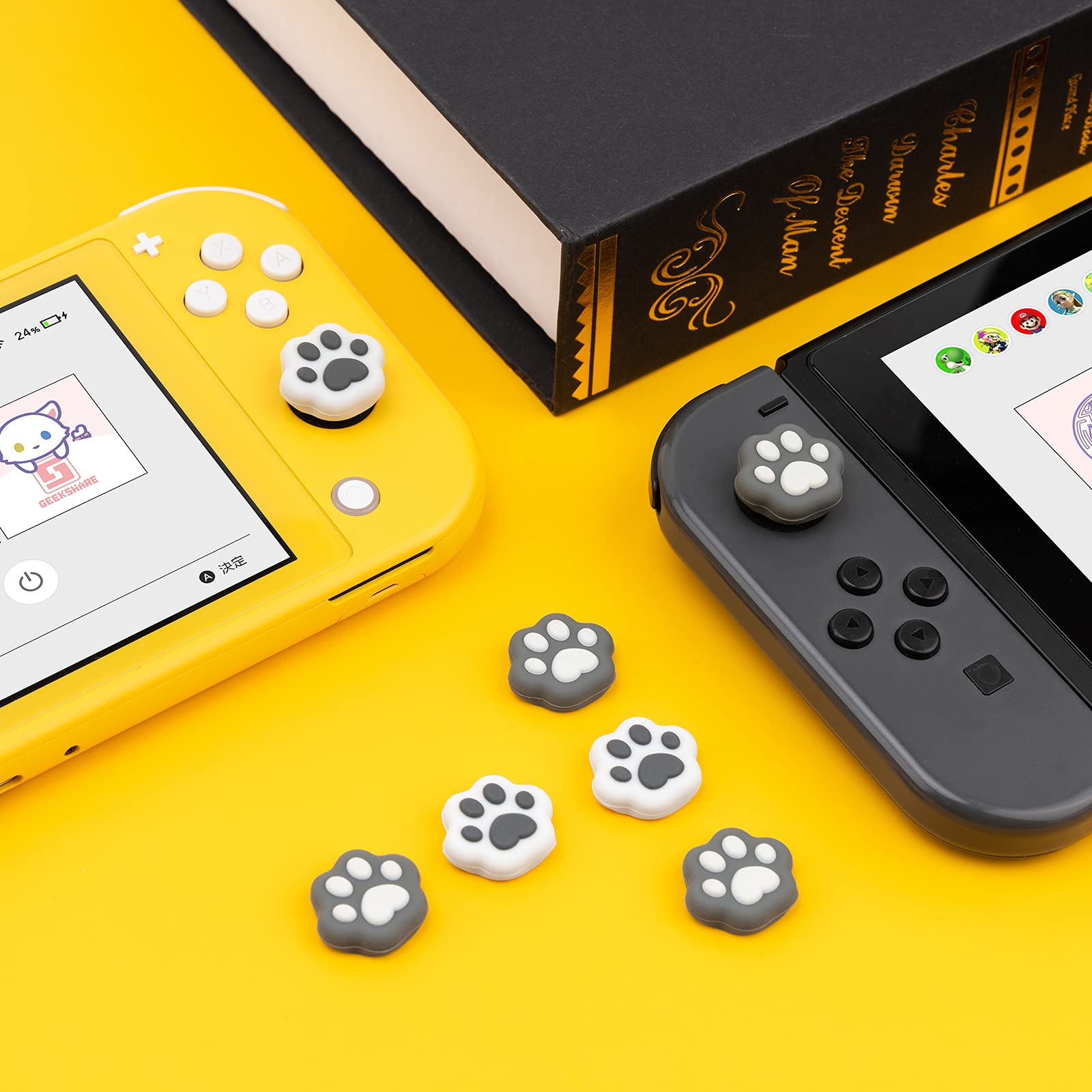 GeekShare Cat Paw Shape Thumb Grip Caps Soft Silicone Joystick Cover Compatible with Switch/OLED/Switch Lite,4PCS (Pink & Blue)