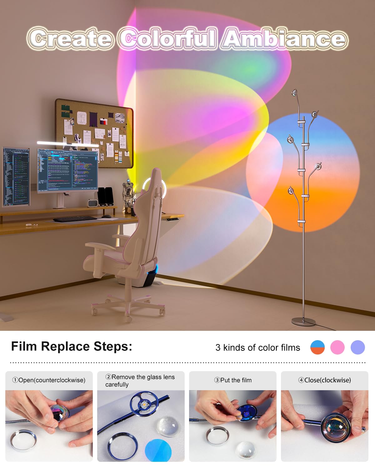TACAHE RGBW Halo Projector Floor Lamp - 4000K LED with Replaceable Color Filters - Light and Shadow Mood Light - Multi-Head Ambient Decor Lighting for Bedroom, Living Room - 73" - 12W - Chrome thumbnail 3