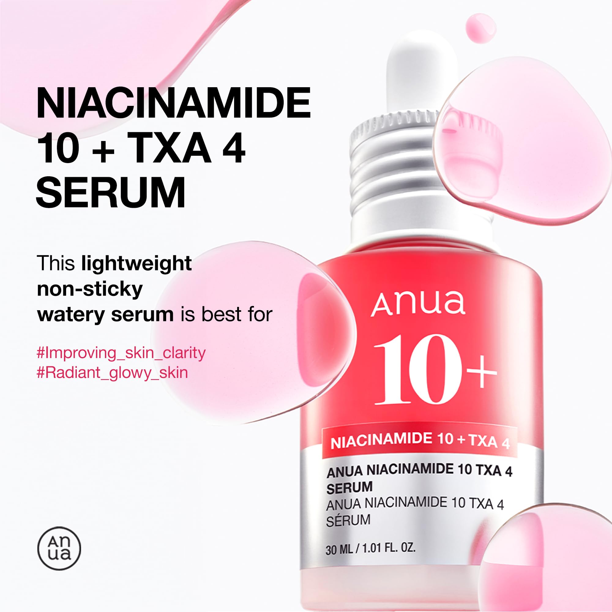 Anua Pink Serum Duo for Korean Glass Skin:10% Niacinamide + 4% Tranexamic Acid Serum & Peach 70 Niacinamide Serum for Dull Skin, Skin Barrier, Fragrance-Free, Korean Skincare