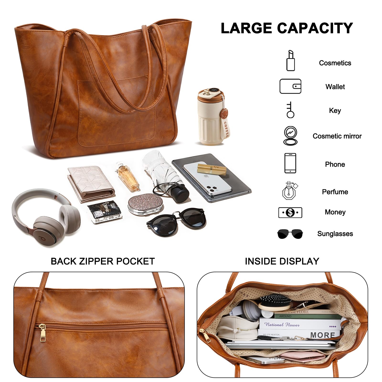 KKXIU Large Tote Bag for Women with Zipper Work Leather Travel Purse and Handbags