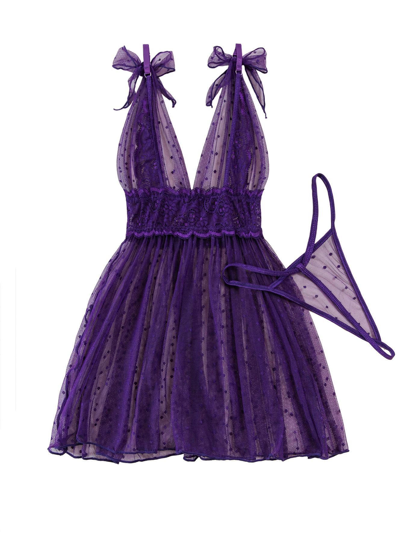 Lilosy Sexy Polka Dots Mesh Sheer Lace Babydoll Chemise Lingerie Set Floral Lace Sleep Wear: Small Purple
