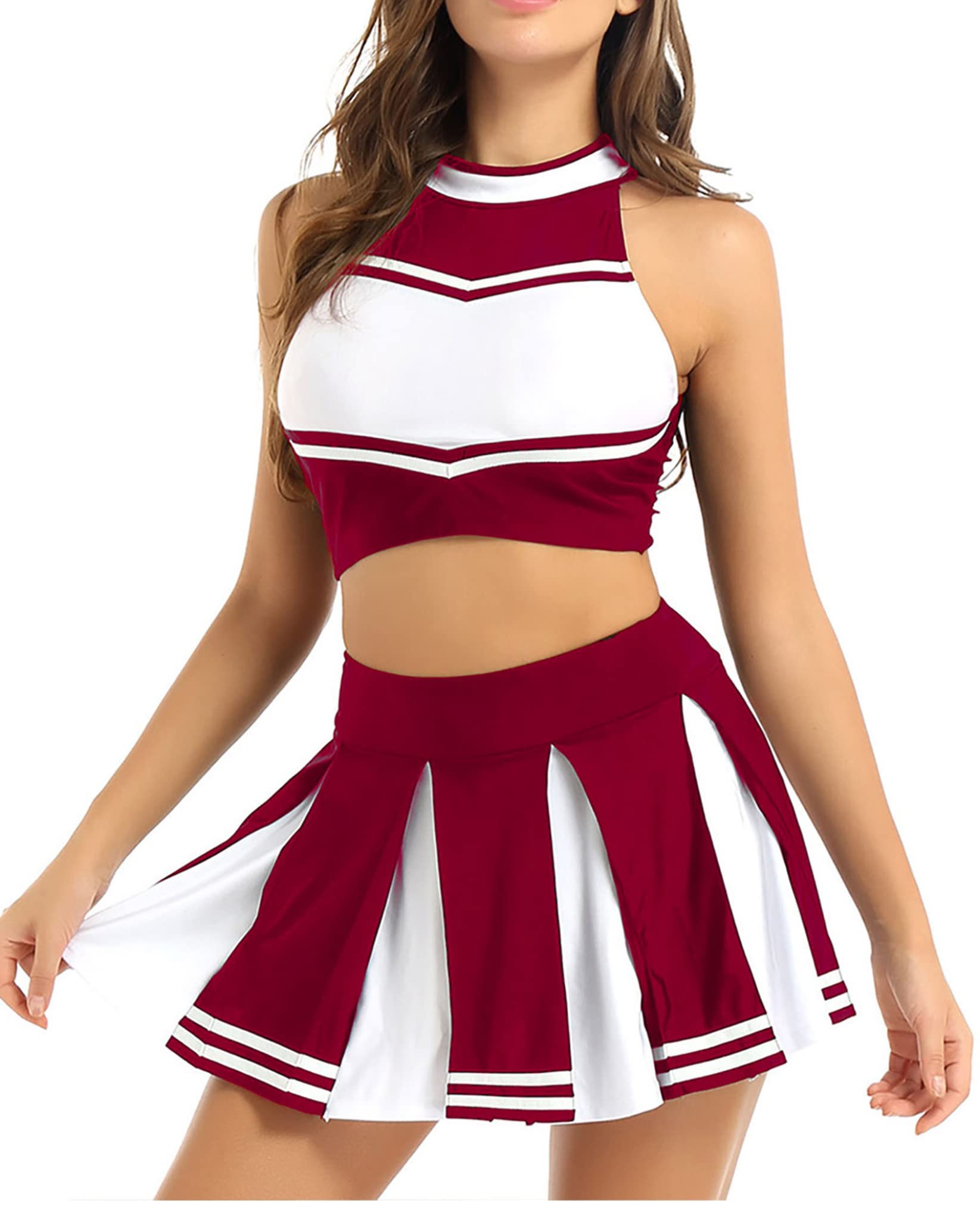 TSSOE Women Cheer Leader Costume Uniform Cheerleading Adult Dress Outfit Crop Top with Pleated Mini Skirt: Wine Red Small