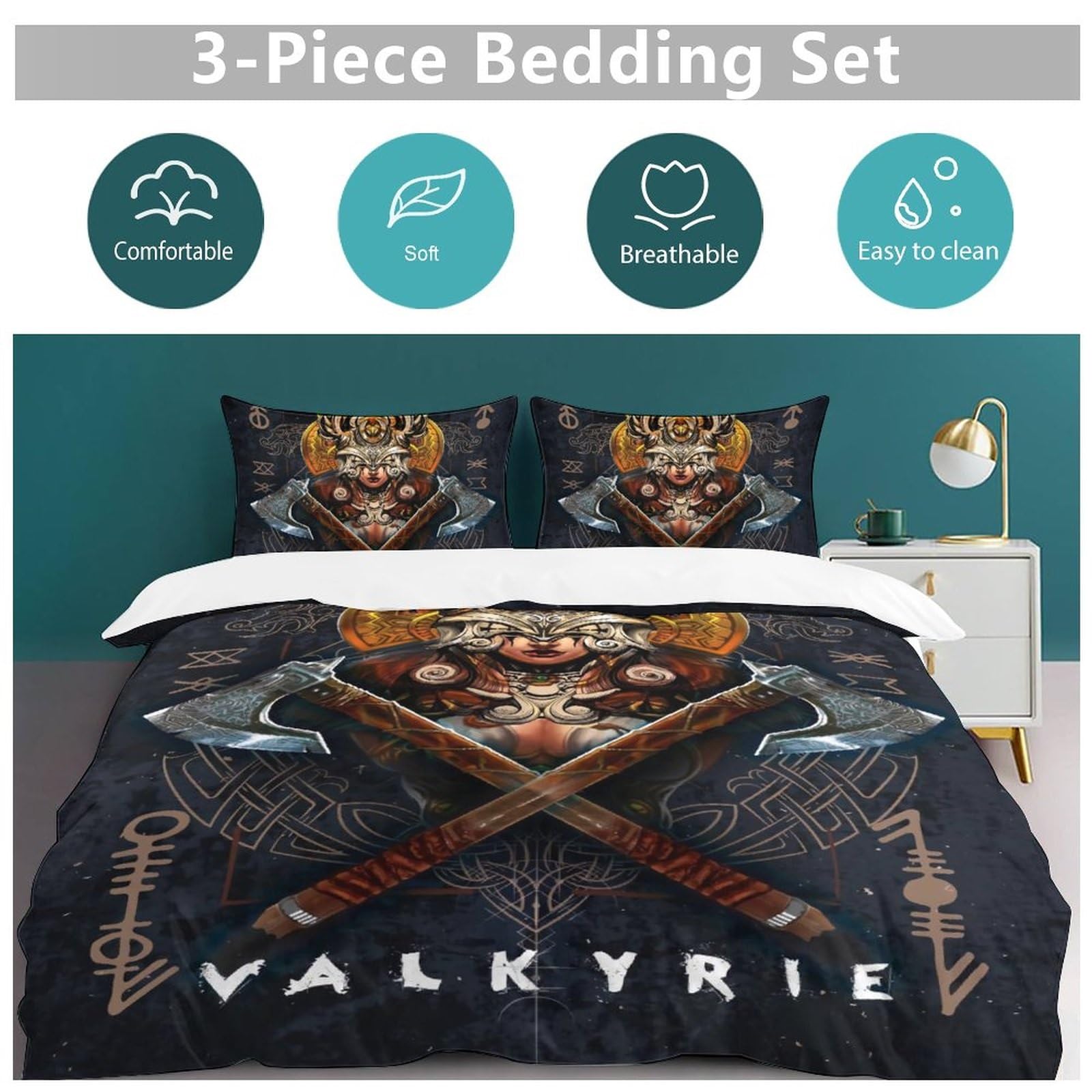 LDZDGD Viking Duvet Cover Queen, Norse Totem Symbols Pattern Quilt Cover, Farmhouse Rustic Bedding Comforter Sets (Color : Valkyrie, Size : 229 x 229CM): 229 x 229CM Valkyrie