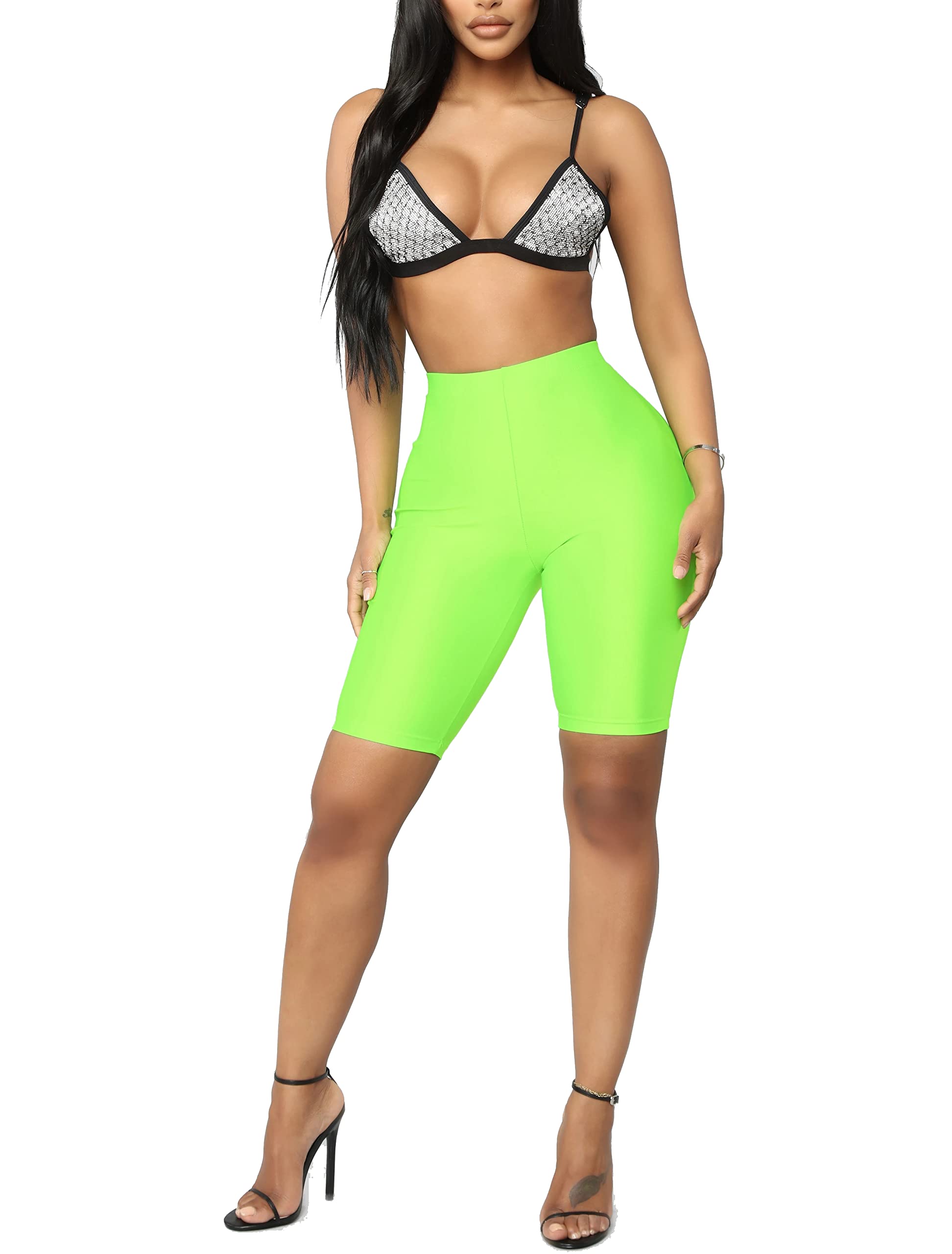SUNFEXOY Biker Shorts for Women,High-Waisted Shiny Neon Bright Active Workout Yoga Pants Running Shorts Knee Length: SUNFEXOY Biker Shorts for Women,High-Waisted Shiny Neon Bright Active Workout Yoga Pants Running Shorts Knee Length