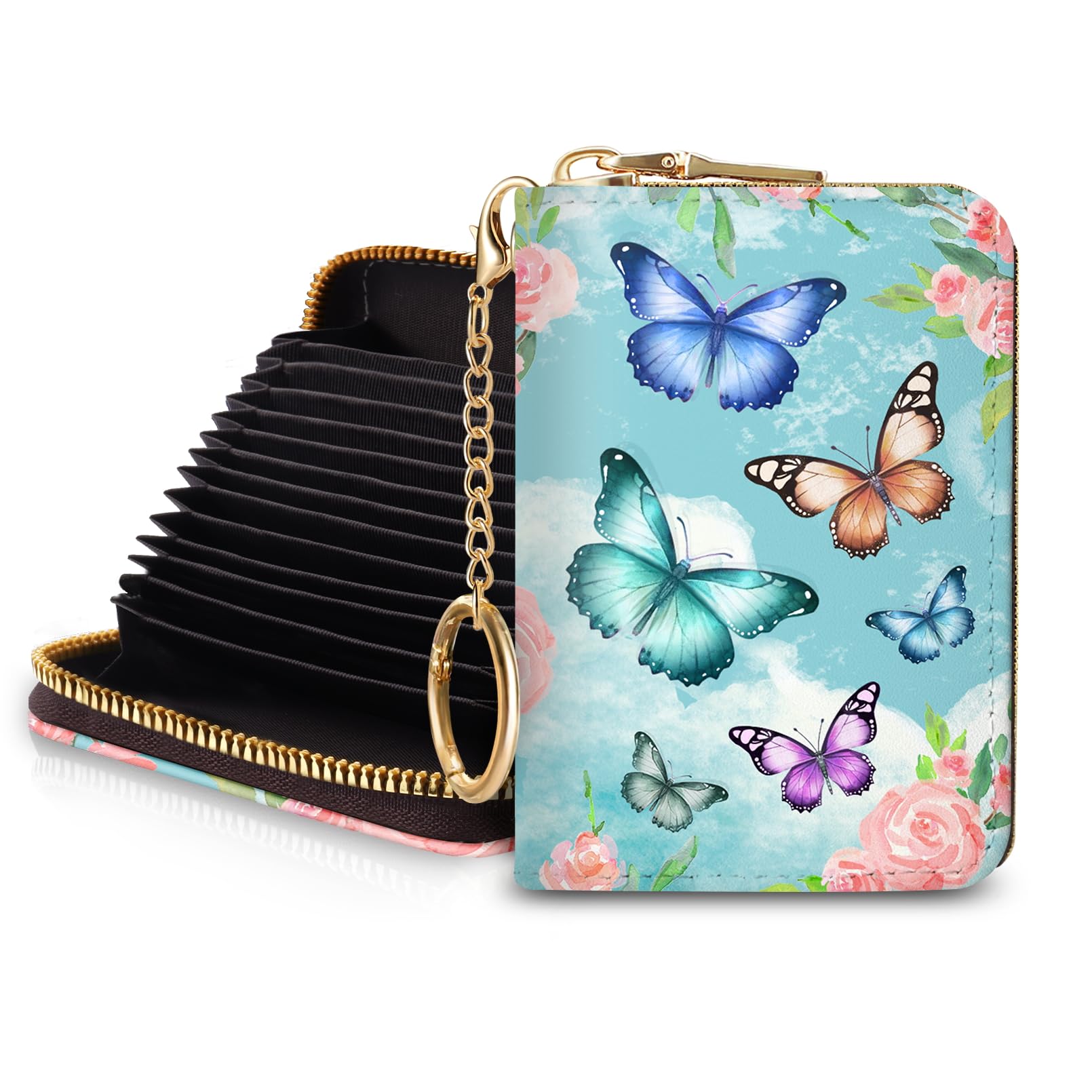 Credit Card Holder for Women, Gothic Floral Small RFID Wallet with Zipper, Card Keychain Wallet, Leather Wallet Card Case, Business Accordion Wallet Gift: Butterfly