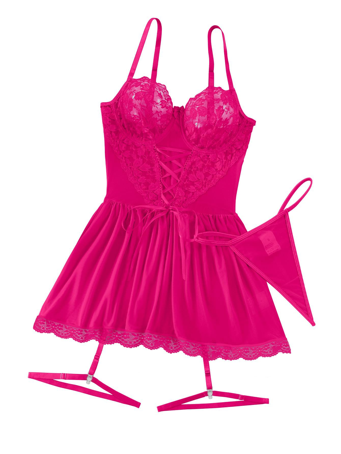 Lilosy Sexy Garter Belt Mesh Lace Babydoll Lingerie Dress Set with Thong: Wire Small Hot Pink