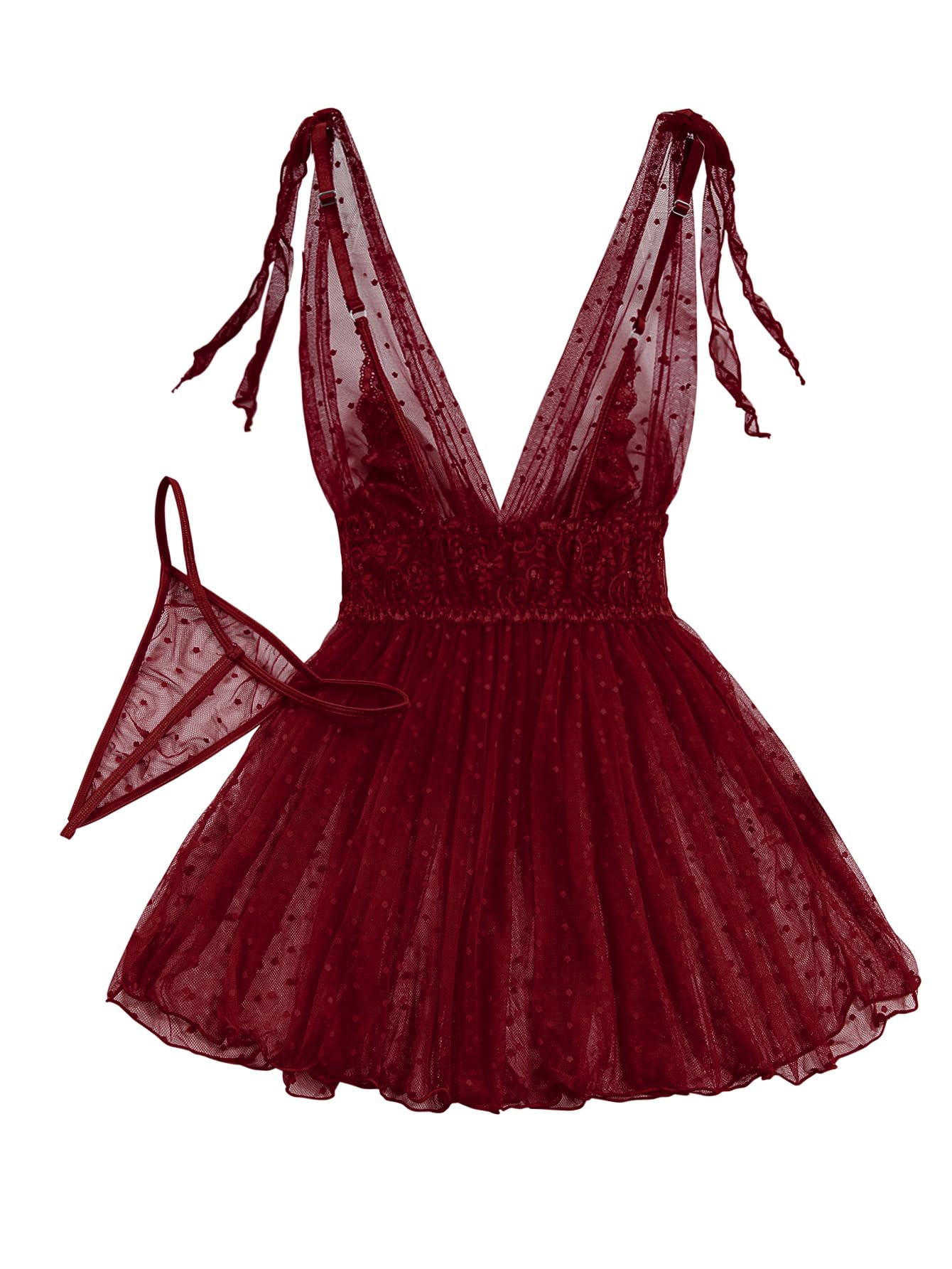 Lilosy Sexy Polka Dots Mesh Sheer Lace Babydoll Chemise Lingerie Set Floral Lace Sleep Wear: Medium Burgundy Red