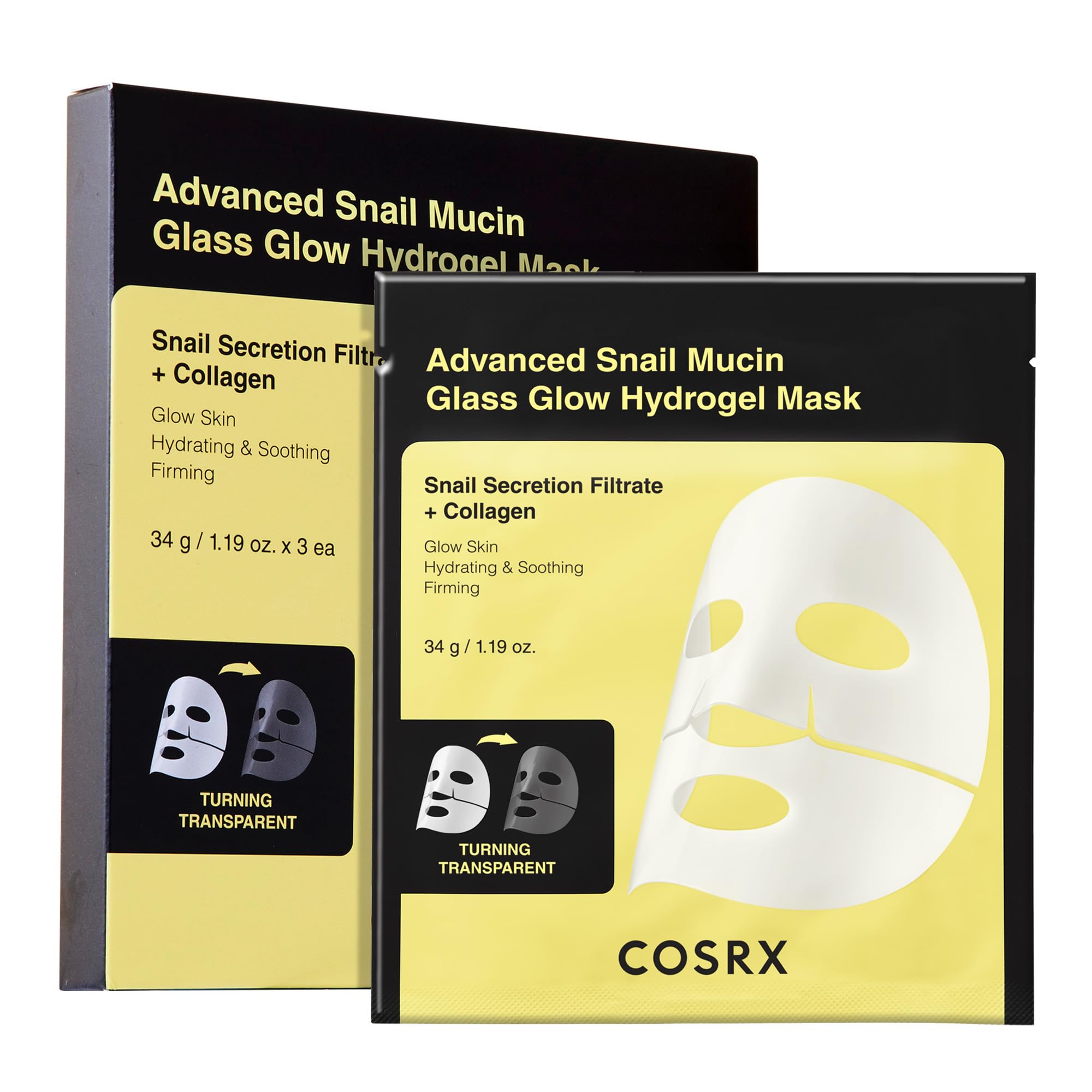 COSRX Advanced Snail Mucin Glass Glow Hydrogel Face Masks Skincare 3 EA, Collagen Face Mask, Travel Essentials, Overnight Face Mask, Korean Skin Care: COSRX Advanced Snail Mucin Glass Glow Hydrogel Face Masks Skincare 3 EA, Collagen Face Mask, Travel Essentials, Overnight Face Mask, Korean Skin Care