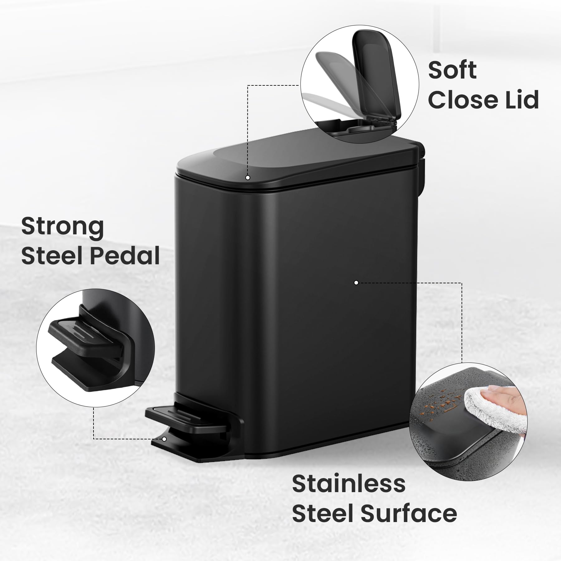 Cesun Small Bathroom Trash Can with Lid Soft Close, Step Pedal, 6 Liter / 1.6 Gallon Stainless Steel Garbage Can with Removable Inner Bucket, Anti-Fingerprint Finish (): Matt Black