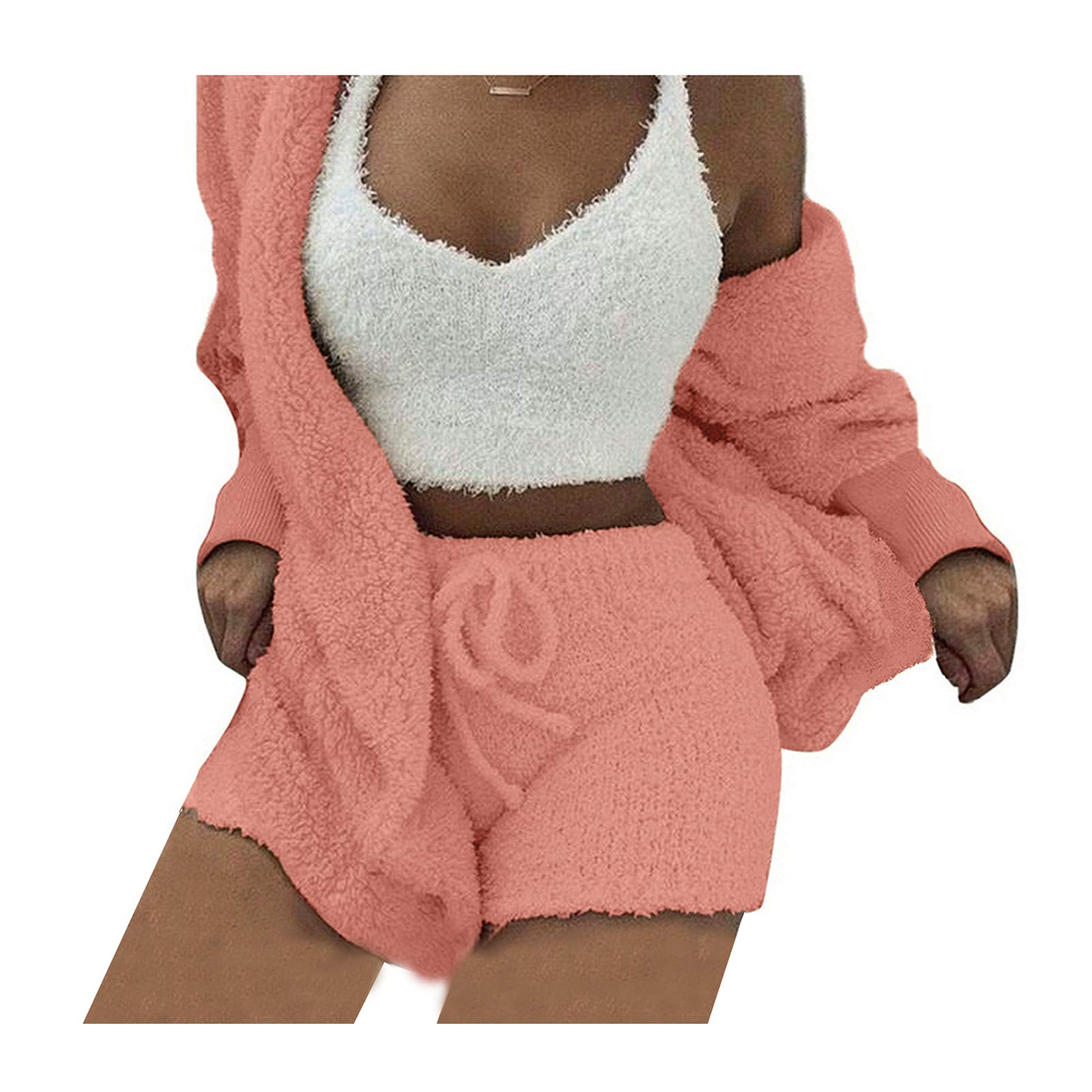 Famnbro Women's Sexy Fuzzy 3 Piece Outfits Fleece Warm Hooded Cardigan Crop Top Shorts Set Pajamas Loungewear