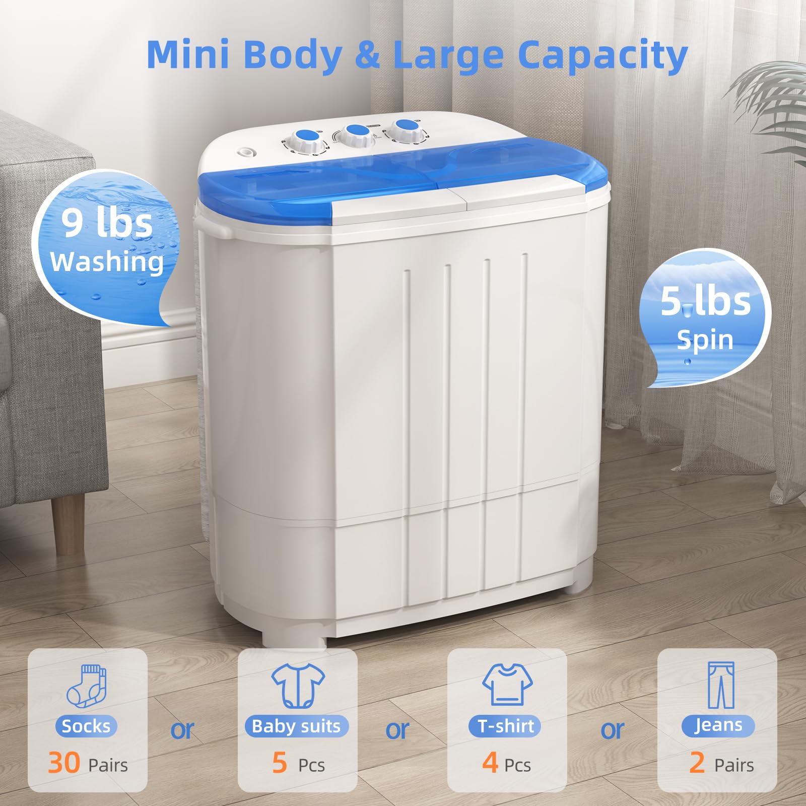 VCJ Portable Washing Machine, Twin Tub Washing Machine Laundry Compact Washer spinner Combo with 20lbs capacity, 12Lbs Washer and 8Lbs Spinner dryer for Apartments RVs and Dorms: 14lbs Capacity