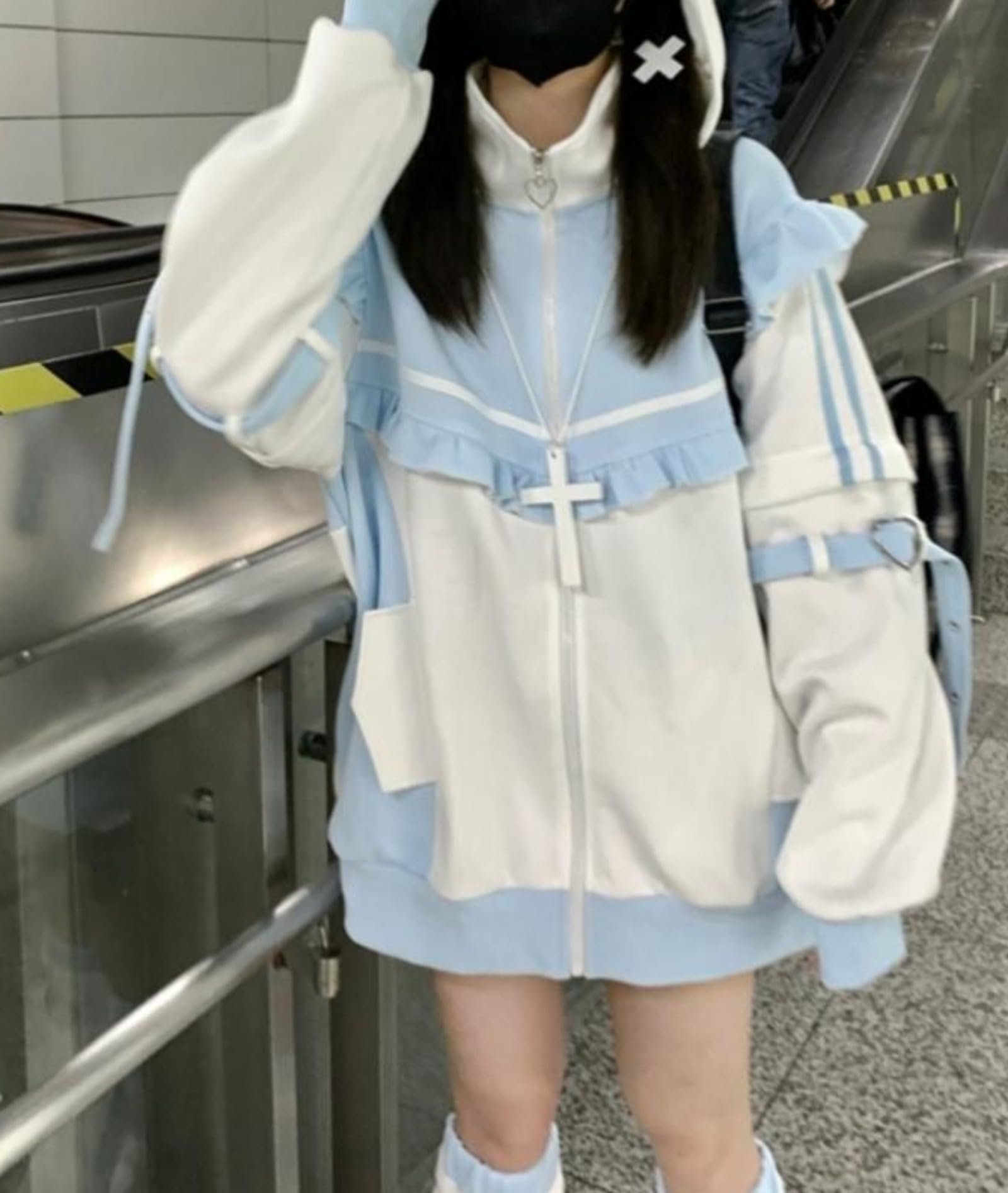 Pokn Tenshi Kawaii Hoodies Jirai Kei Fashion Cute Cat Ears Clothes Oversized Zip Up Hoodie Gothic Top: Pink Medium