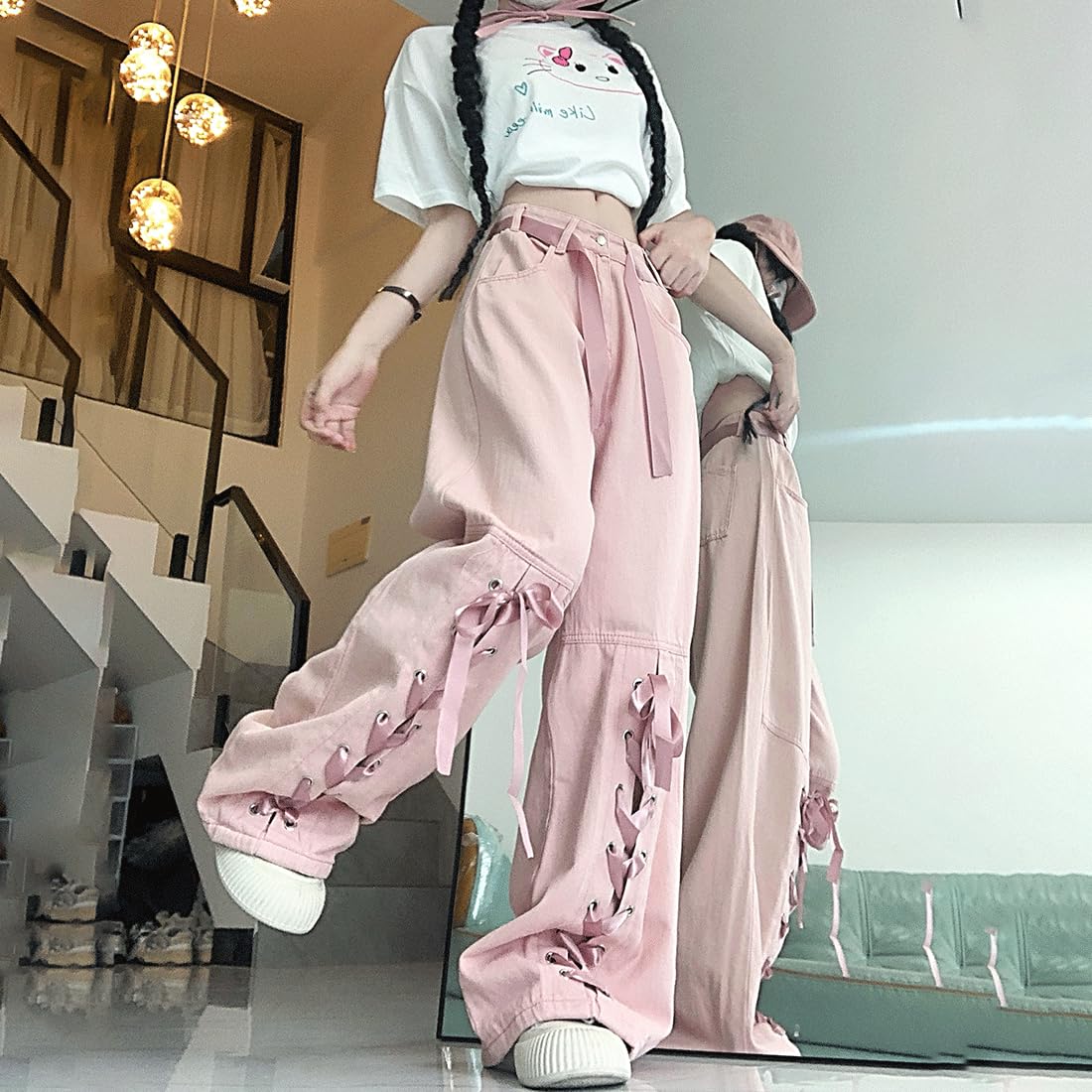 RILGOU Harajuku Y2K Kawaii Gothic Vintage Casual Style High Waisted Straight Wide Leg Ribbons Trim Pink Denim Pants