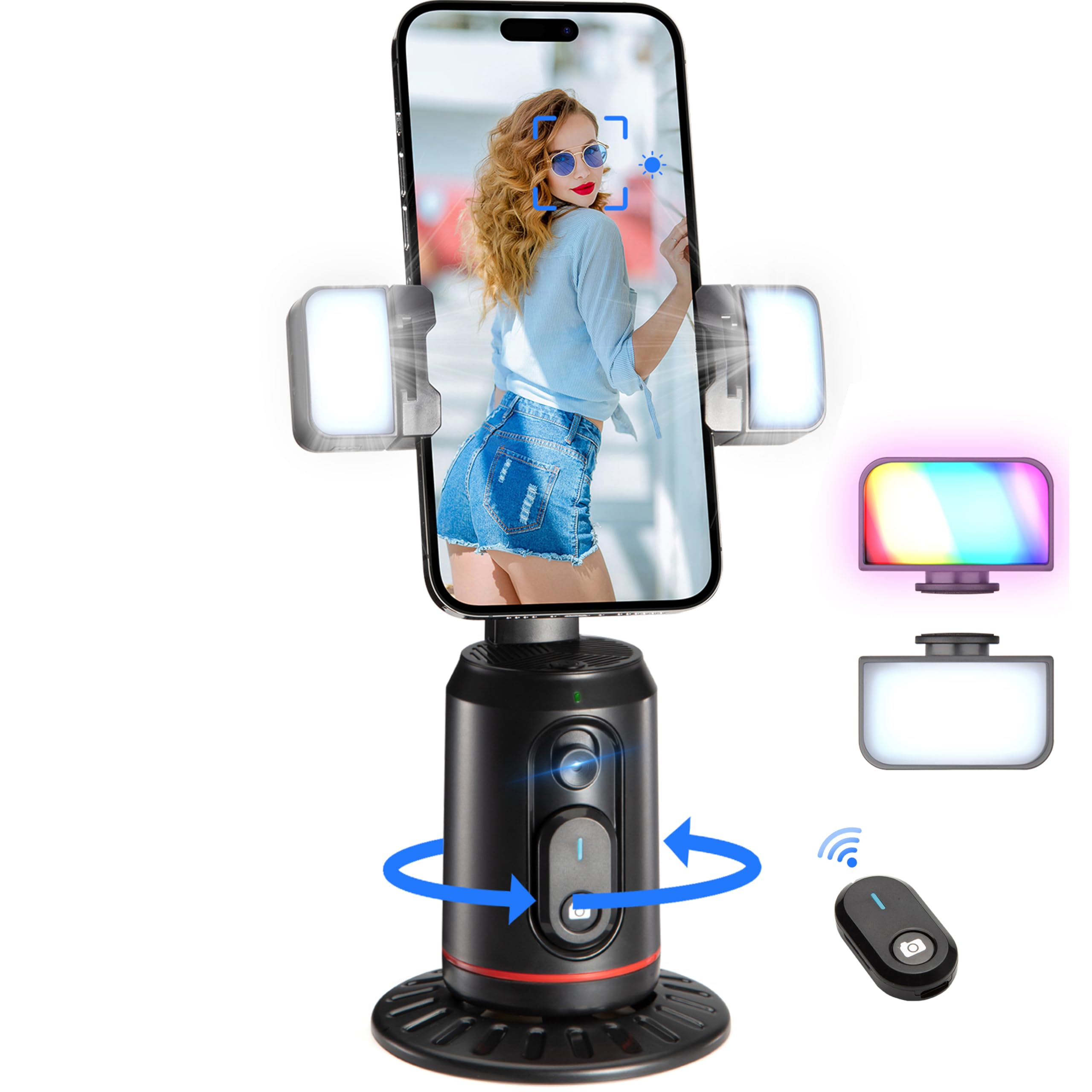 MQOUNY Auto Face Tracking Phone Holder, 360° Rotation Face Body Phone Tripod Smart Shooting Camera Mount with Rechargeable Remote and Light for Live Vlog Streaming Video, Rechargeable: Gray