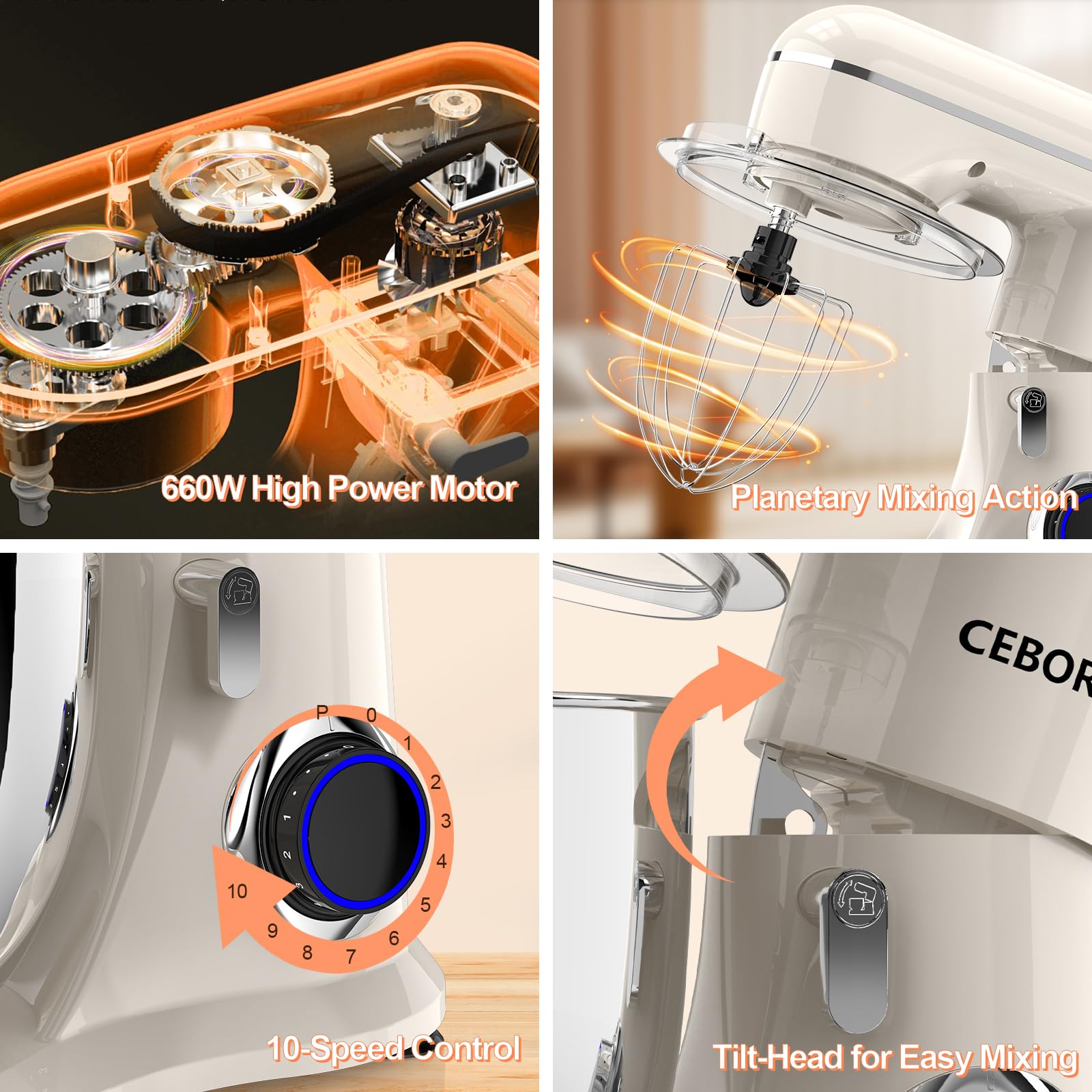 CEBORY 3-IN-1 Electric Stand Mixer, 6.5QT Bowl 660W 10-Speed Kitchen Mixer, Household Food Mixers include Dough Hook, Beater and Whisk, Bread Cake Mixer for Baking and Most Home Cooks,: Almond Cream