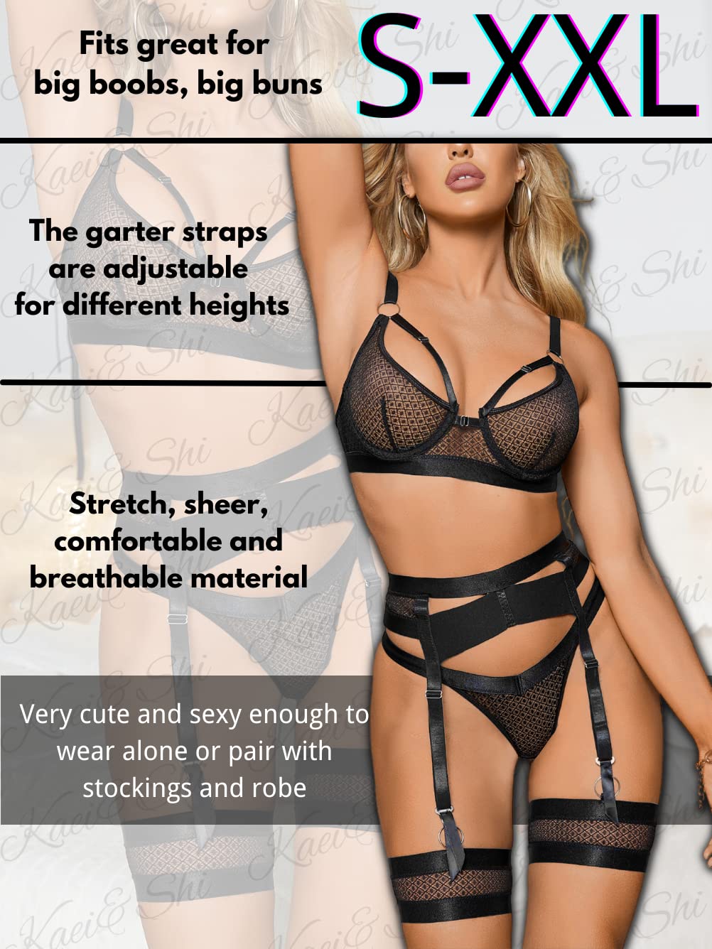 Garter Lingerie for Women,Sexy Lace Lingerie,Sheer Matching 4 Piece Lingerie Set: 16 Black Fishnet