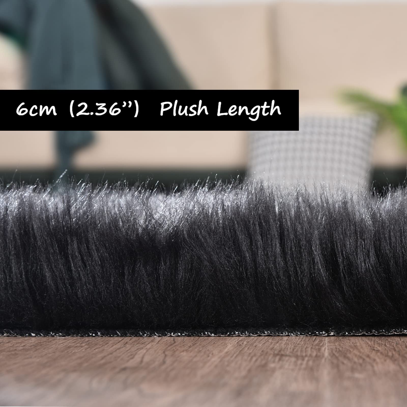 Goolela Black Fluffy Faux Fur Rug 2x3 Black Fuzzy Furry Sheepskin Rug Small Carpet for Bedroom Dorm Bathroom Washable Rectangle: 2&apos; x 3&apos; (Rectangular) Black
