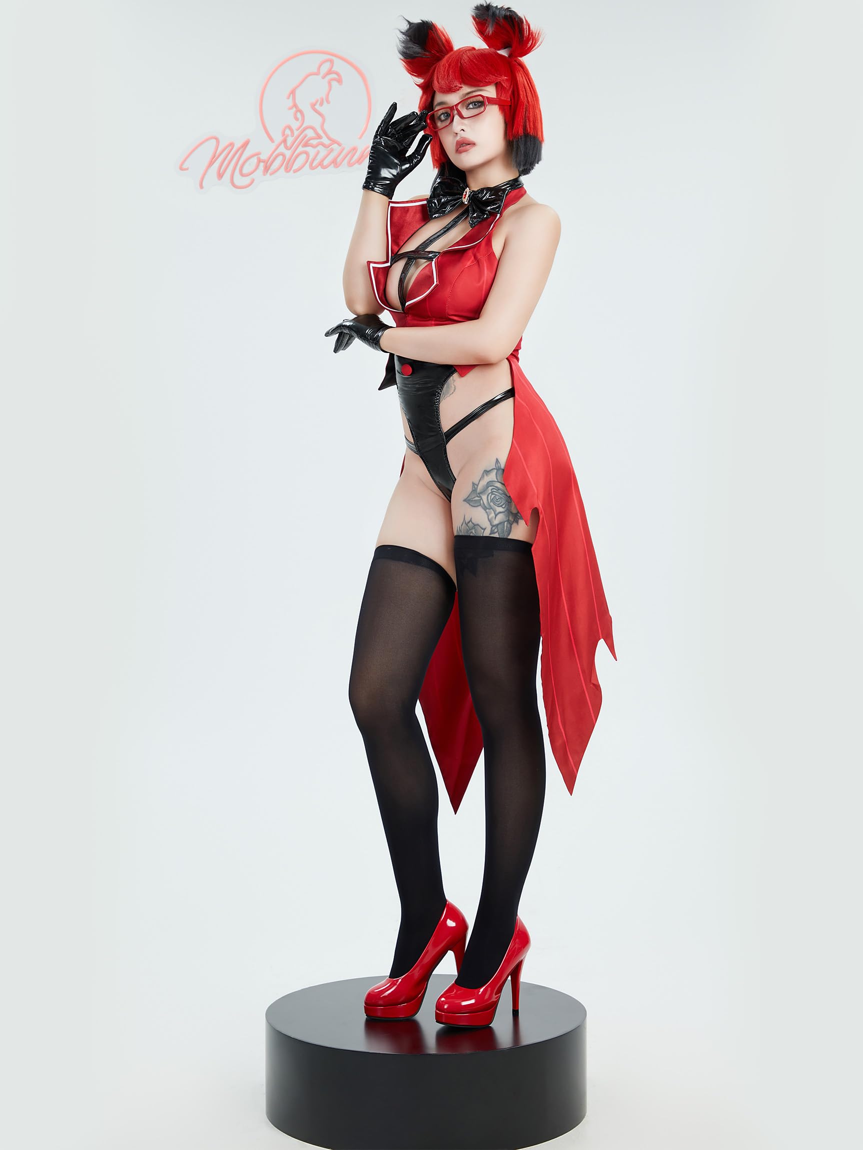 Mobbunny Women Halloween Demon Derivative Sexy Cosplay Set Black Red Hollow Bodysuit and Gloves: Small Red