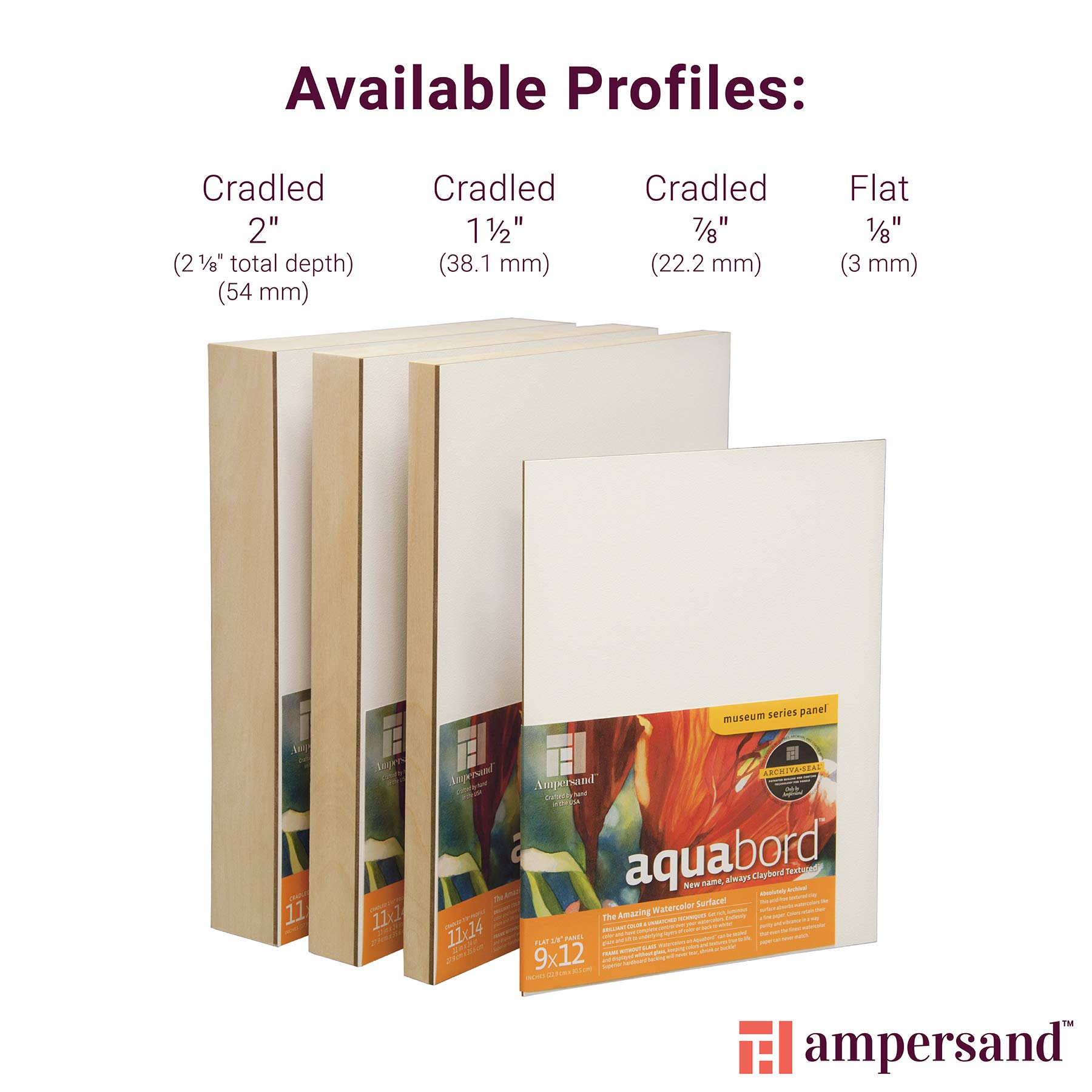 Ampersand Art Supply Watercolor Painting Panel: Museum Series Aquabord, 1-1/2 Inch Cradled Profile, 16" x 20": 2 Inch Cradled Profile 22" x 30"