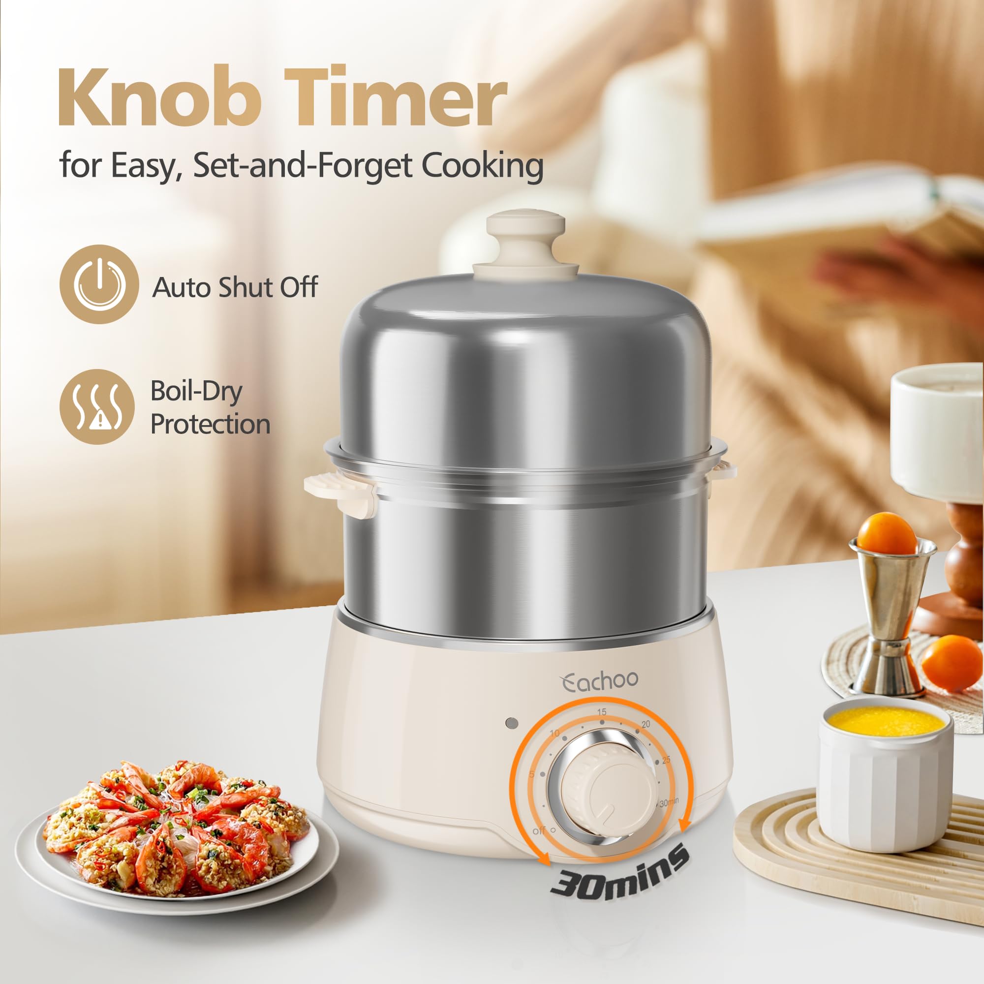 Hard Boiled Egg Cooker - CACHOO 14-Egg Rapid Stainless Steel Egg Boiler with 30-Min Timer & Auto Shut Off, Compact Electric Vegetable Steamer for Cooking, Dishwasher Safe, Beige: Beige 2-Tier