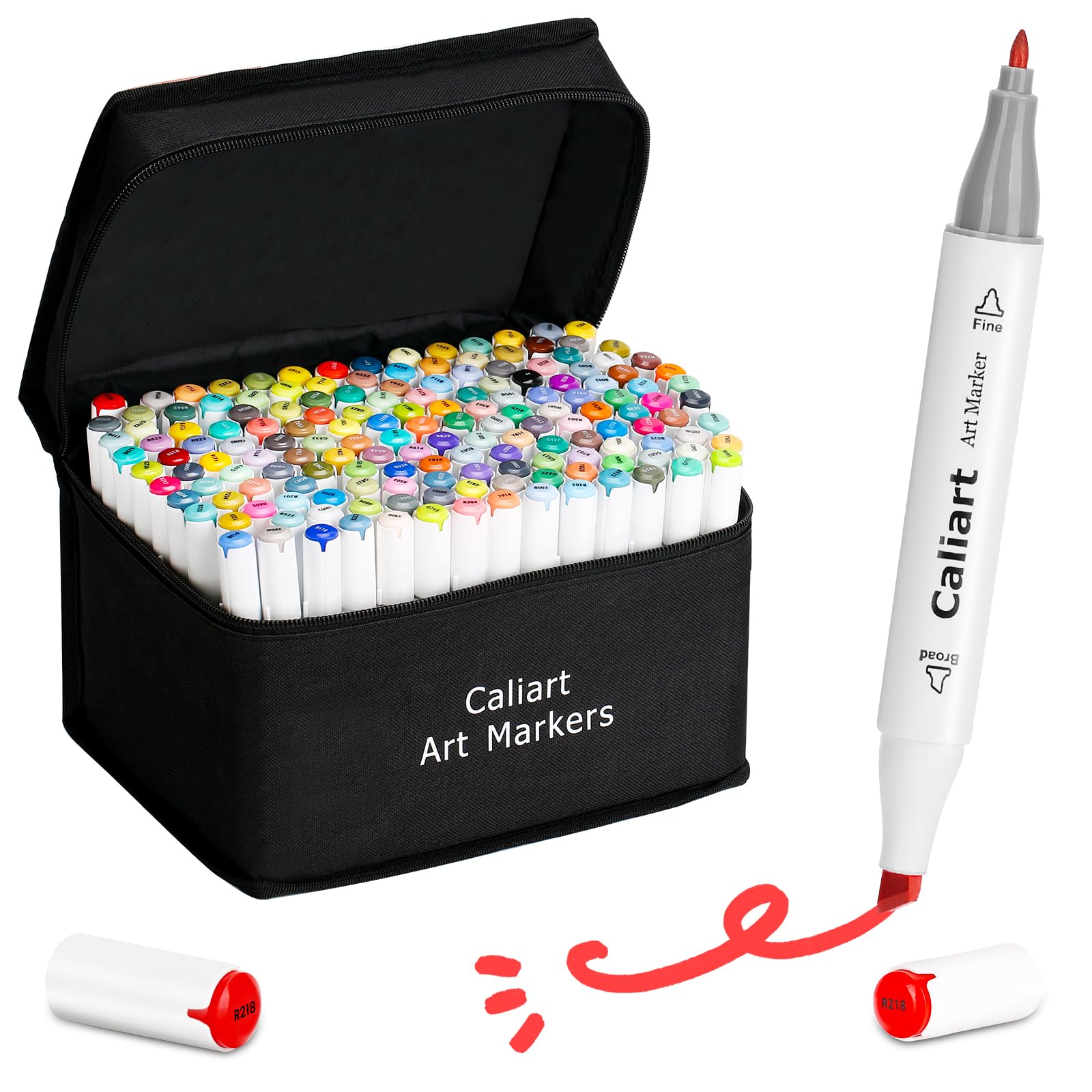 Caliart Markers, 100 Colors Dual Tip Art Markers Sketch Pens Permanent Alcohol Based, with Case for Adult Kids Halloween Drawing Sketching (Black Barrel) thumbnail 1