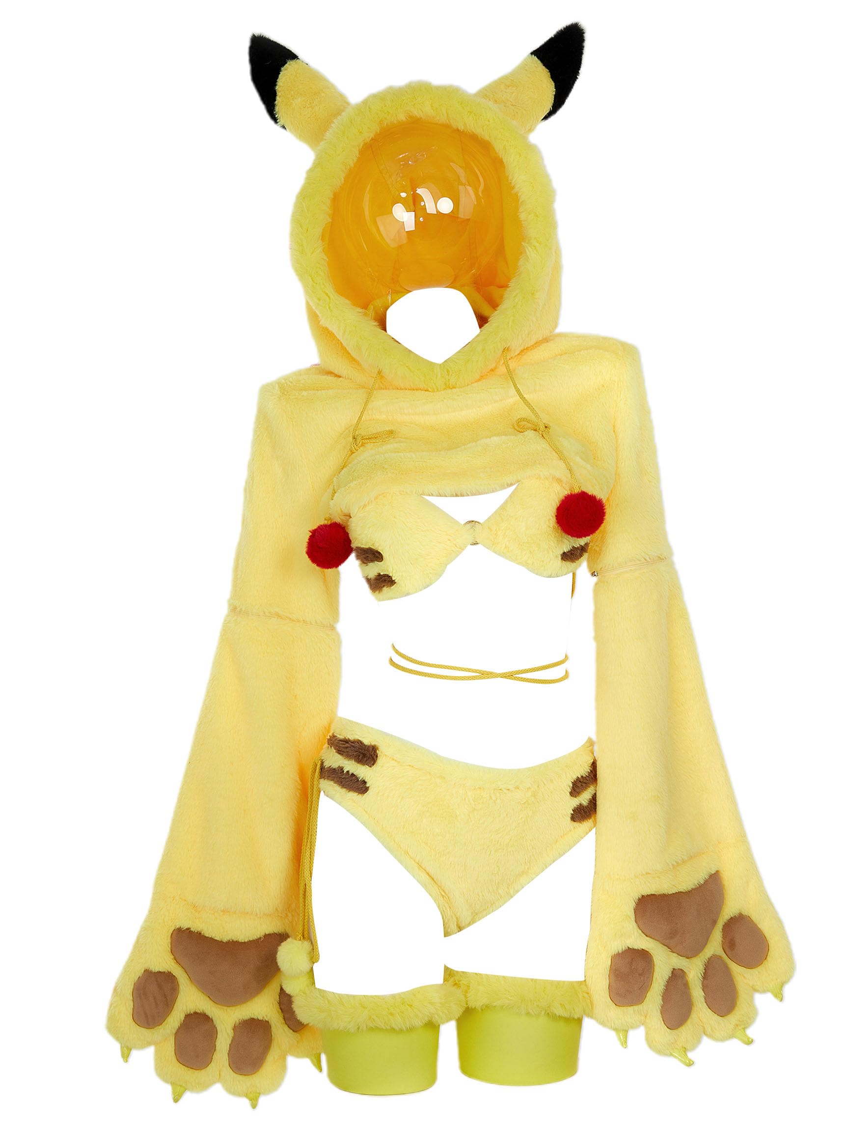 Mobbunny Anime Cosplay Lingerie Set for Women Yellow Plush Pajamas Homewear Furry Paw Gloves Hoodie Top and Bra Panty