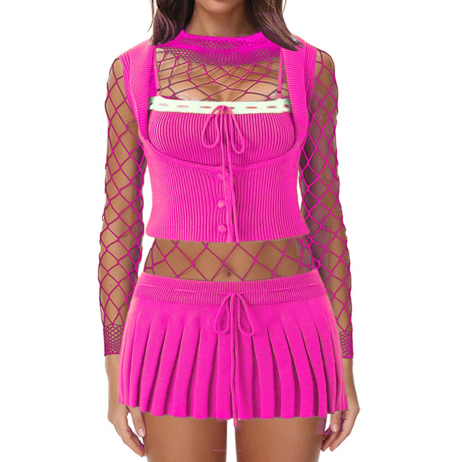 Tosmifairy Fishnet Bodysuit Top for Women Stretch One Piece Long Sleeve Mesh Rave Romper Body Suit