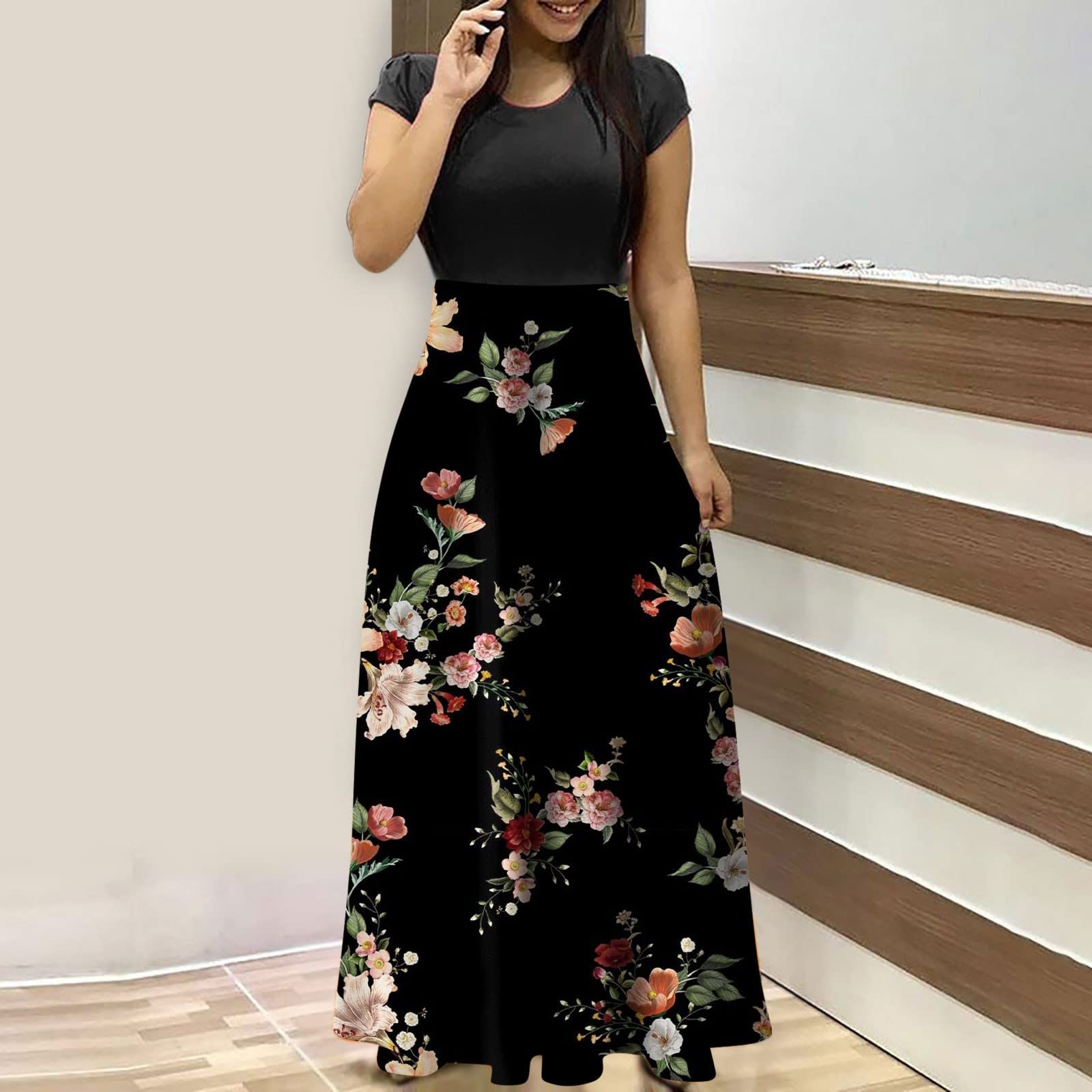 ADHOWBEW Womens Short Sleeve Empire Waist Floral Maxi Dress 2023 Summer Fashion Casual Plus Size Sundresses: X-Large E-black