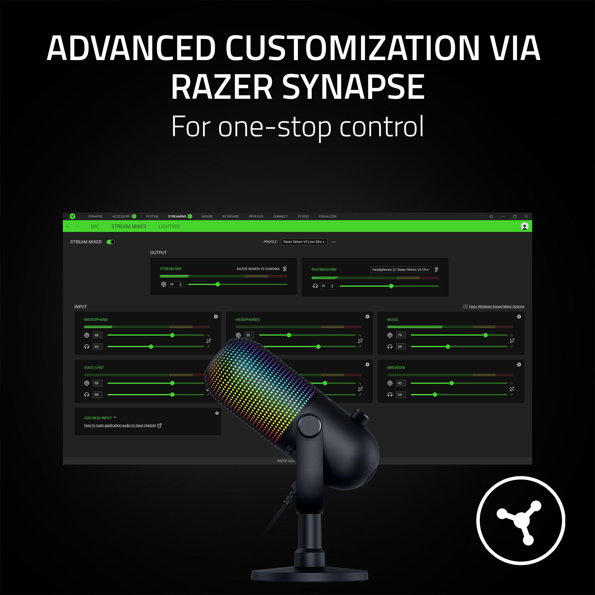 Razer Seiren V3 Chroma RGB USB Microphone: Stream & Game Reactive Lighting - Tap-to-Mute Sensor - Condenser Mic - Digital Gain Limiter & Shock Absorber - PC, Discord, OBS Studio, XSplit -: Black