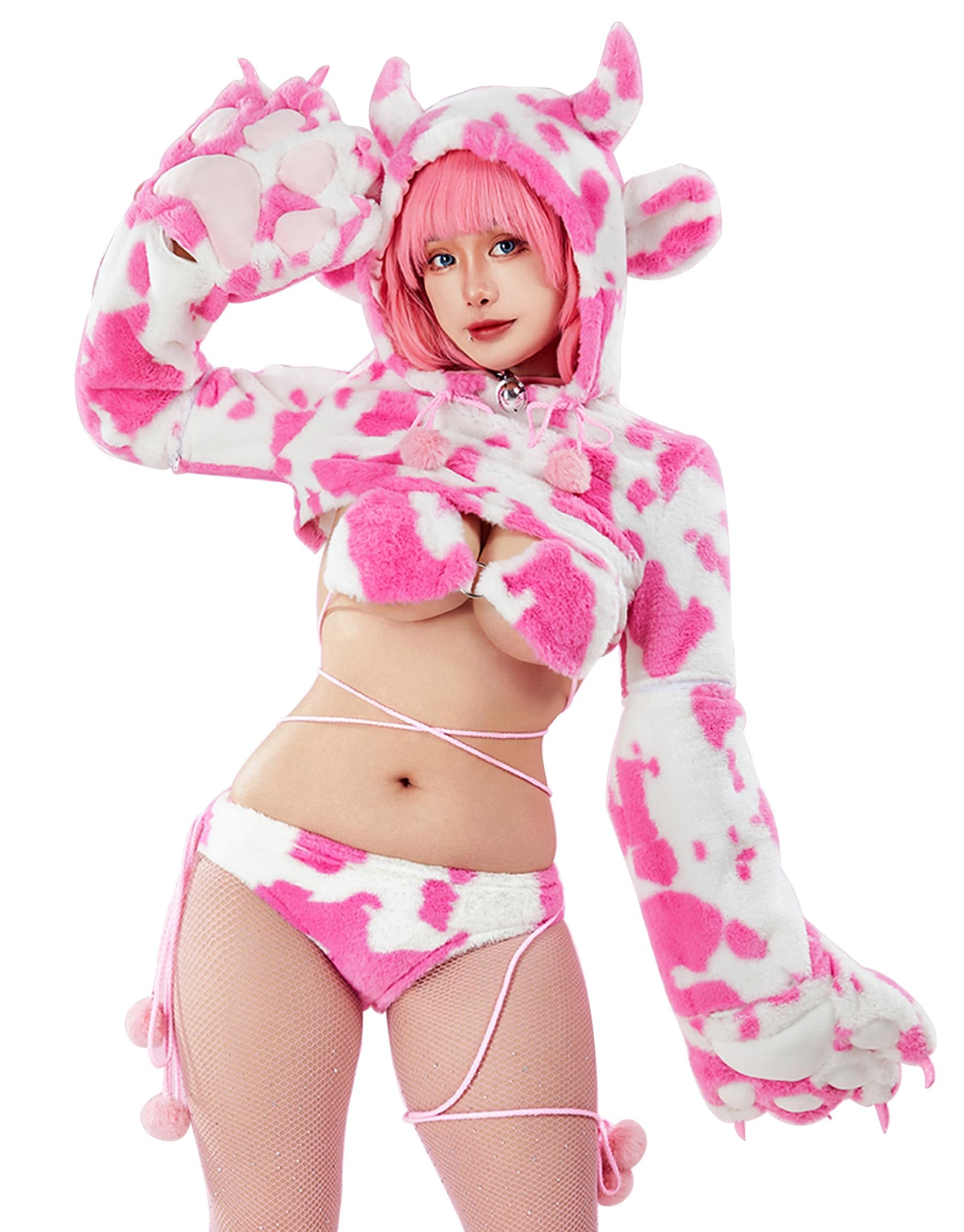 Mobbunny Women's Anime Cute Pajamas Set Cow Print Cosplay Lingerie Furry Paw Set Fuzzy Hoodie Top and Bra Panty Outfit - Image 1