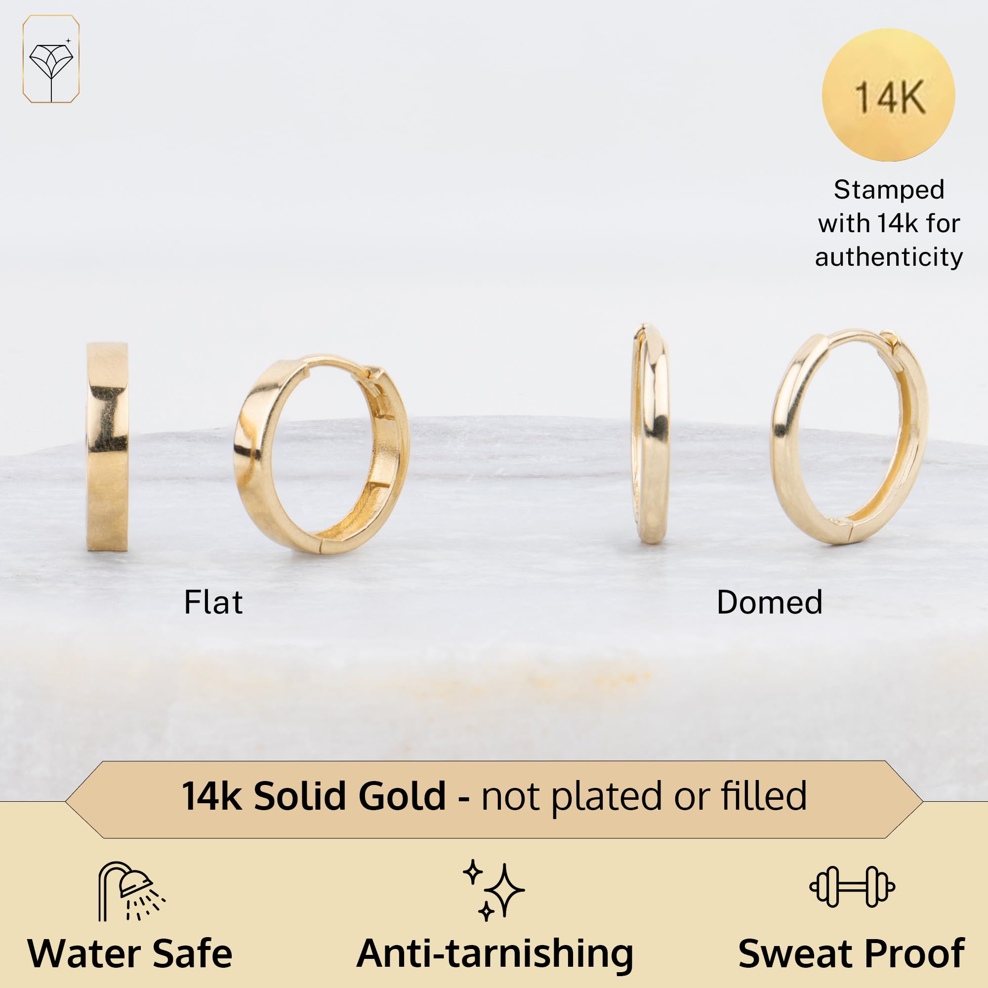 14K Solid Yellow Gold Huggie Earrings | Hypoallergenic Domed or Flat Style Small Hoop Earrings in Sizes 10mm, 12mm & 14mm | Small Gold Hoops by MAX + STONE: Flat Style|14MM