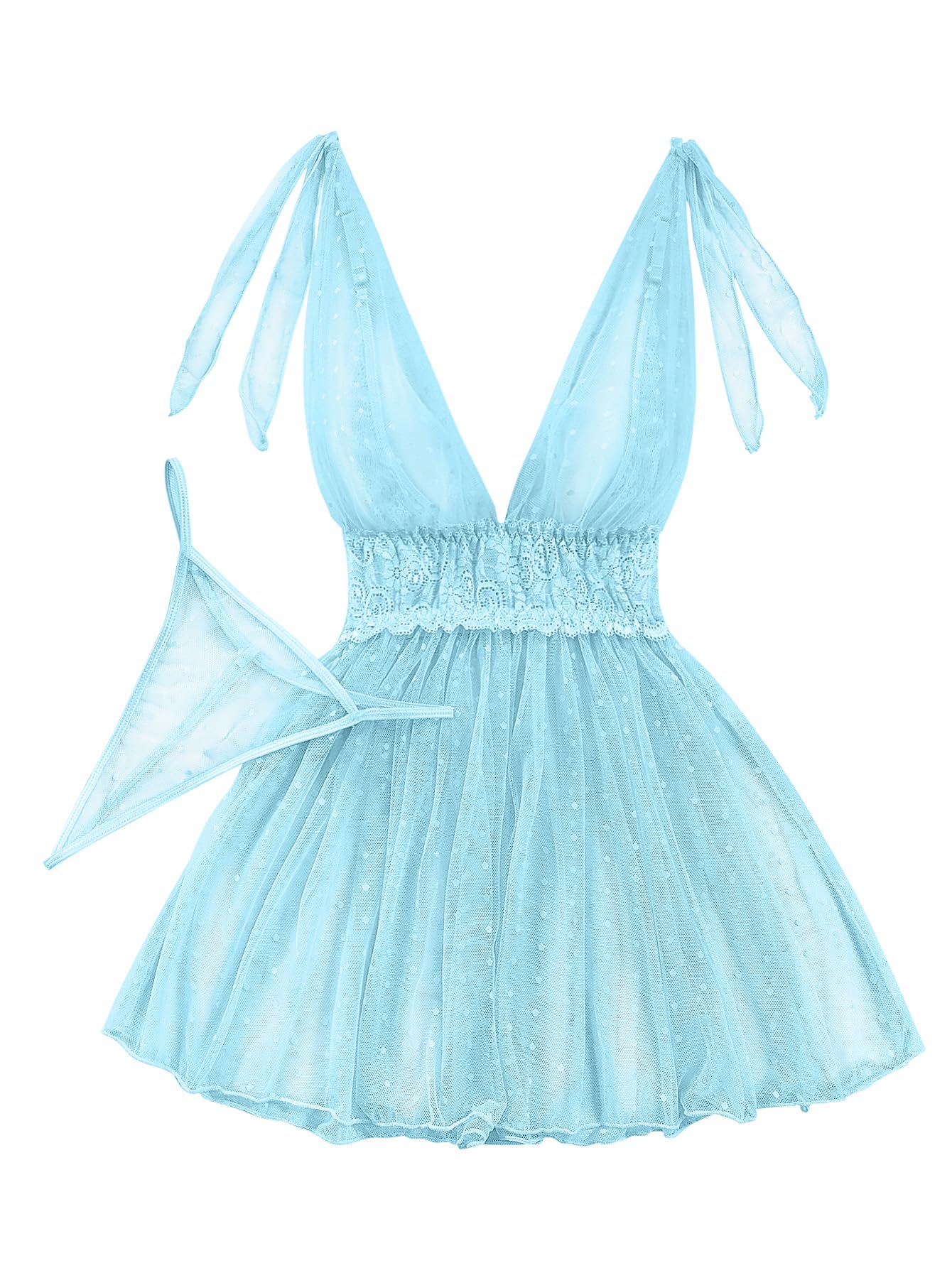 Lilosy Sexy Polka Dots Mesh Sheer Lace Babydoll Chemise Lingerie Set Floral Lace Sleep Wear: Large Light Blue