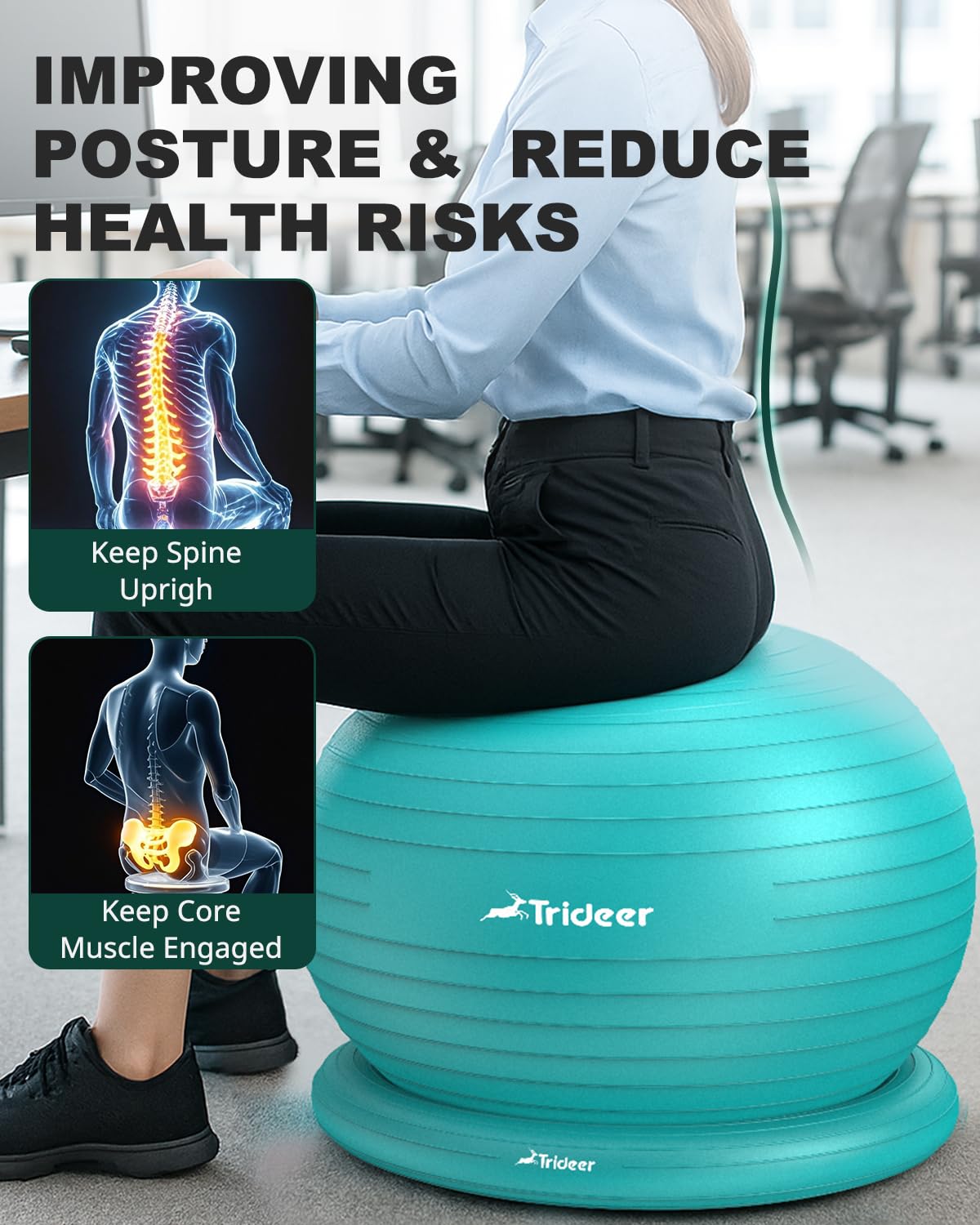 Trideer Yoga Ball Chair with Base - Stability & Fitness Ball Seat for Home Office, Pregnancy & Workout: L(23-26ines/58-65cm) Turkis