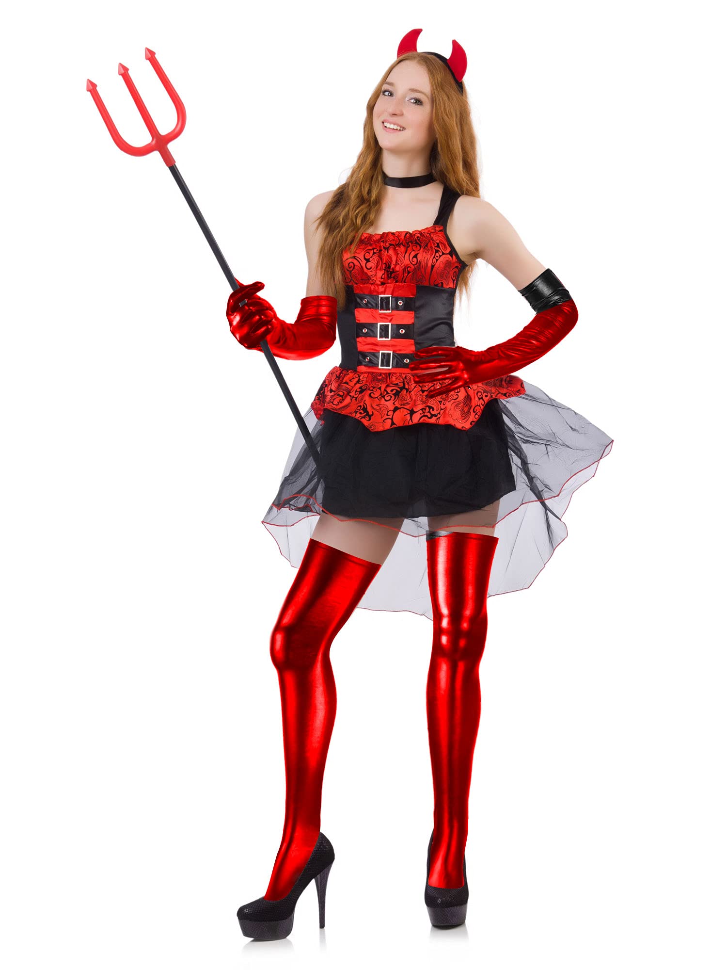 SATINIOR Women's Carnival Halloween Costume Elastic Spandex Shiny Wet Long Gloves and Thigh High Stockings: Red