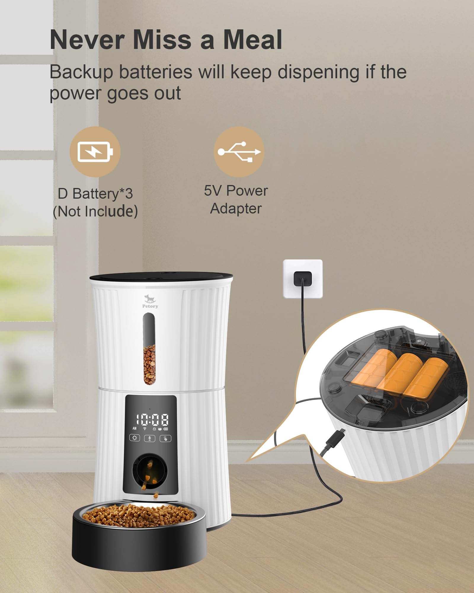 Petory Timed Automatic Cat Feeders - 4L Programable Dry Food Dispenser for Cats and Small Medium Dogs 6 Meals with Desiccant Bag Dual Power Supply 10S Voice Recorder thumbnail 6