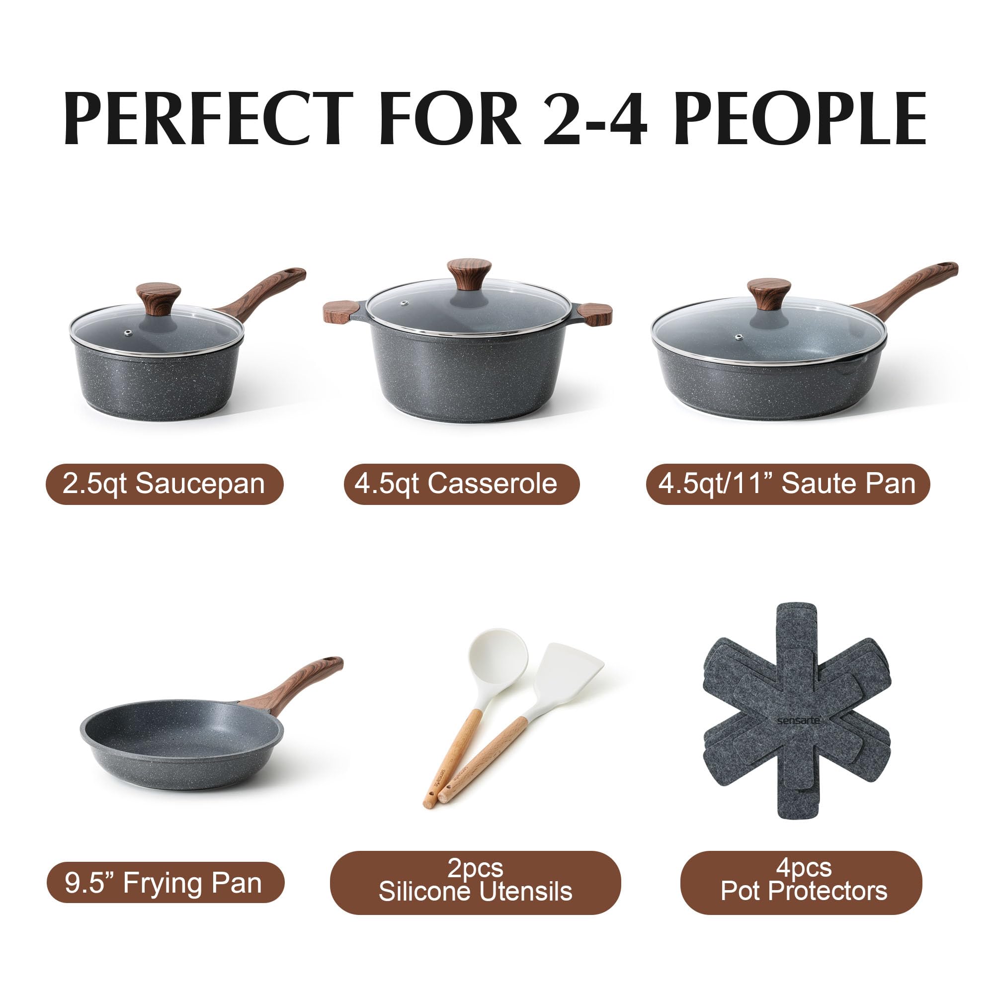 SENSARTE Nonstick Cookware Set 13-Piece, Non Stick Pots and Pans Set with Swiss Granite Coating, Healthy Kitchen Cooking Set, Stay-Cool Handles, PFOA Free: Gray