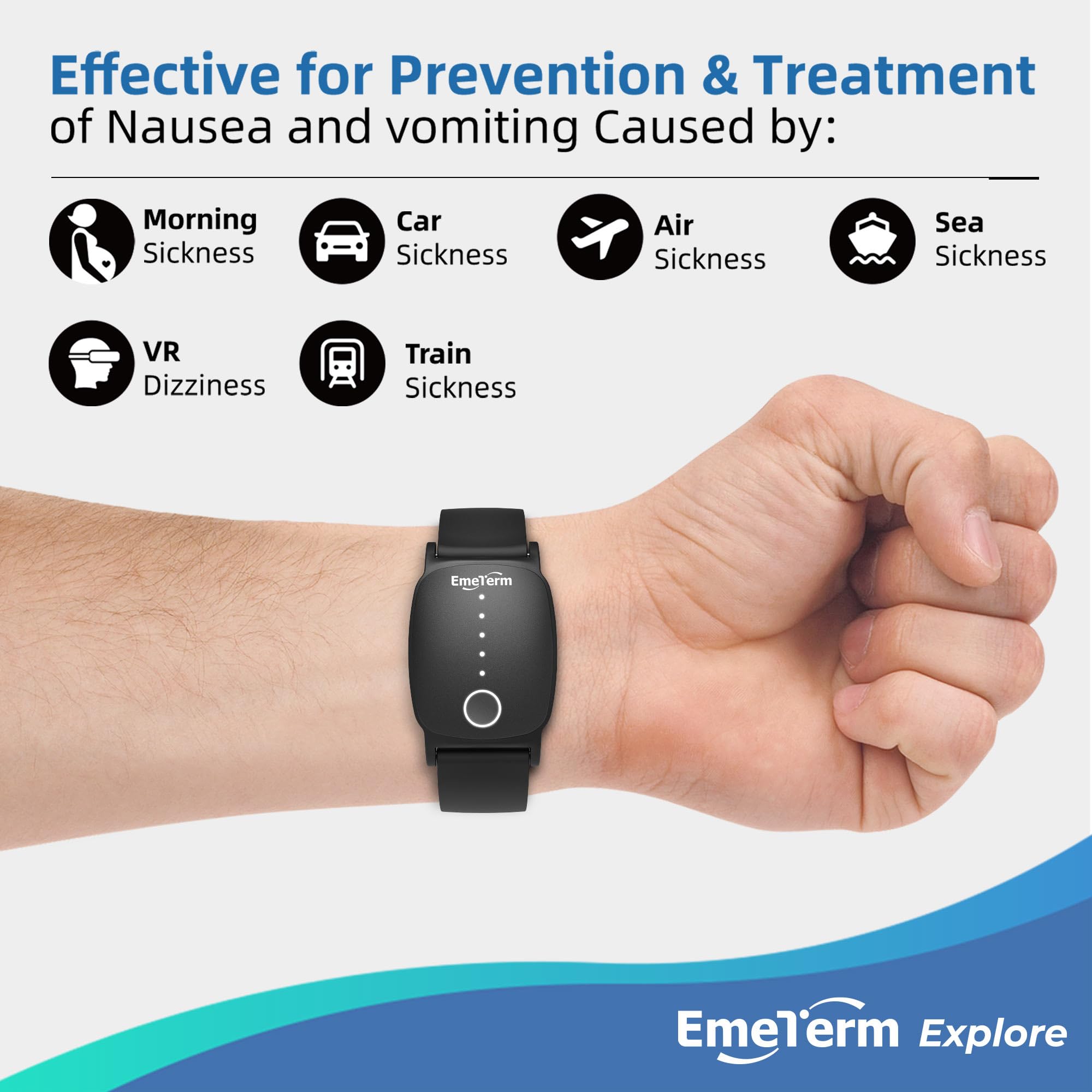 EmeTerm Explore FDA-Cleared Anti-Nausea Wristband IP67 Waterproof Morning Motion Sickness Relief Band Rechargeable Classic Strap Design Drug Free Non-drowsy Without Side Effects