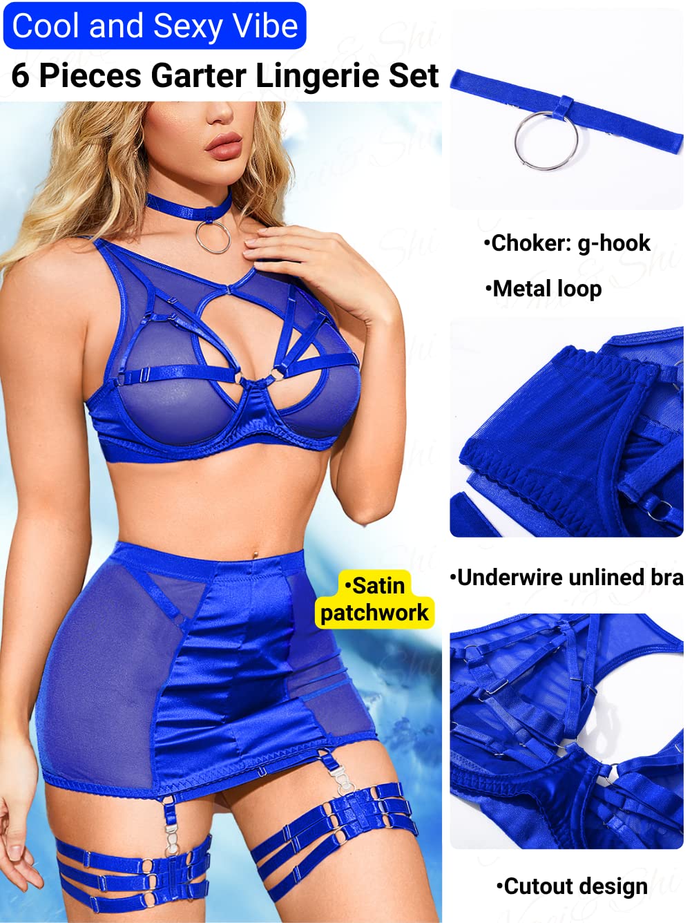 Kaei&Shi Garter Lingerie for Women, Strappy High Waisted Skirt G String 4 Piece Sexy Exotic Lingerie Outfits Set Boudoir