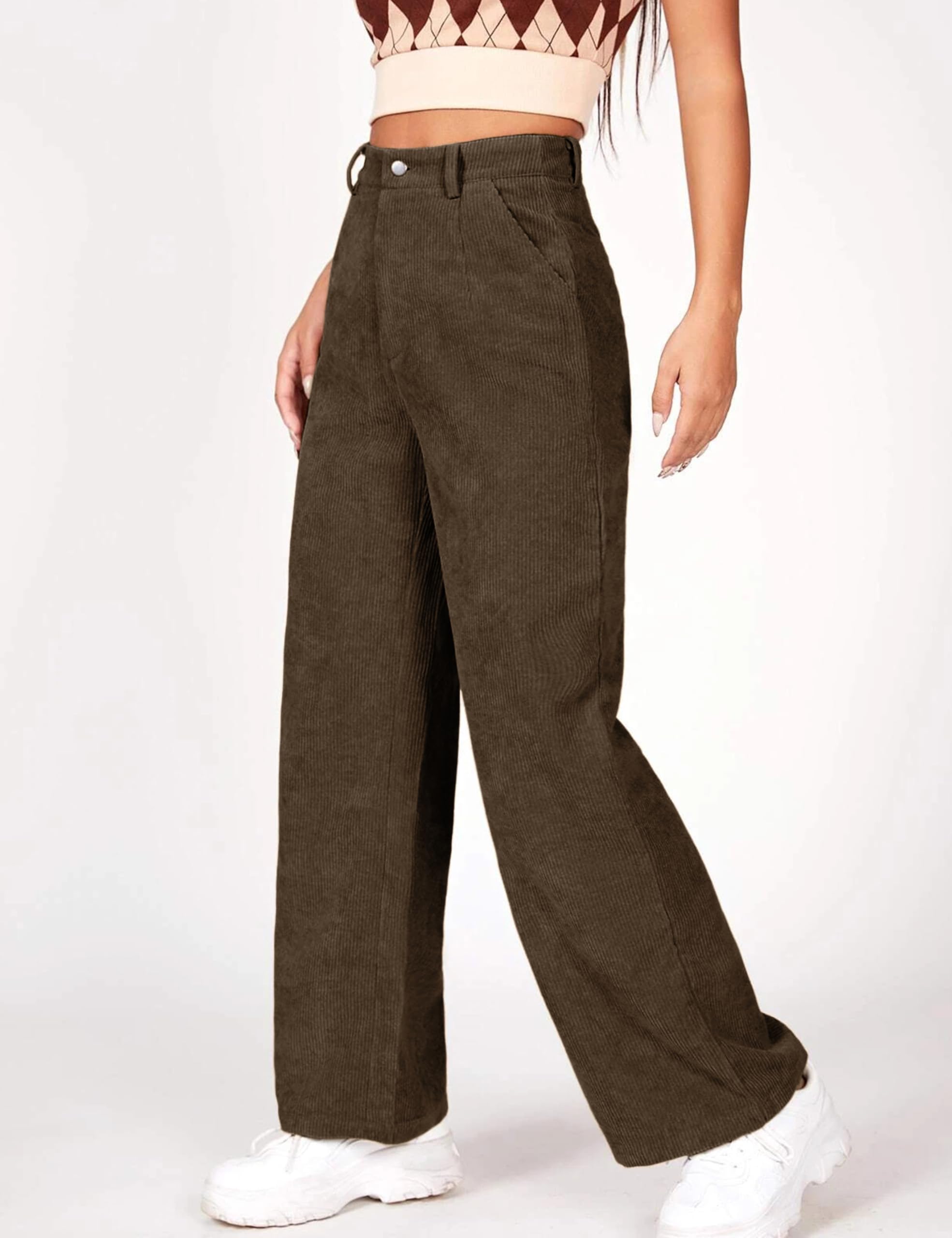Himosyber Corduroy Pants for Women Casual Elastic High Waist Stretchy Wide Leg Pants Loose Fit Comfy Trousers with Pockets thumbnail 3