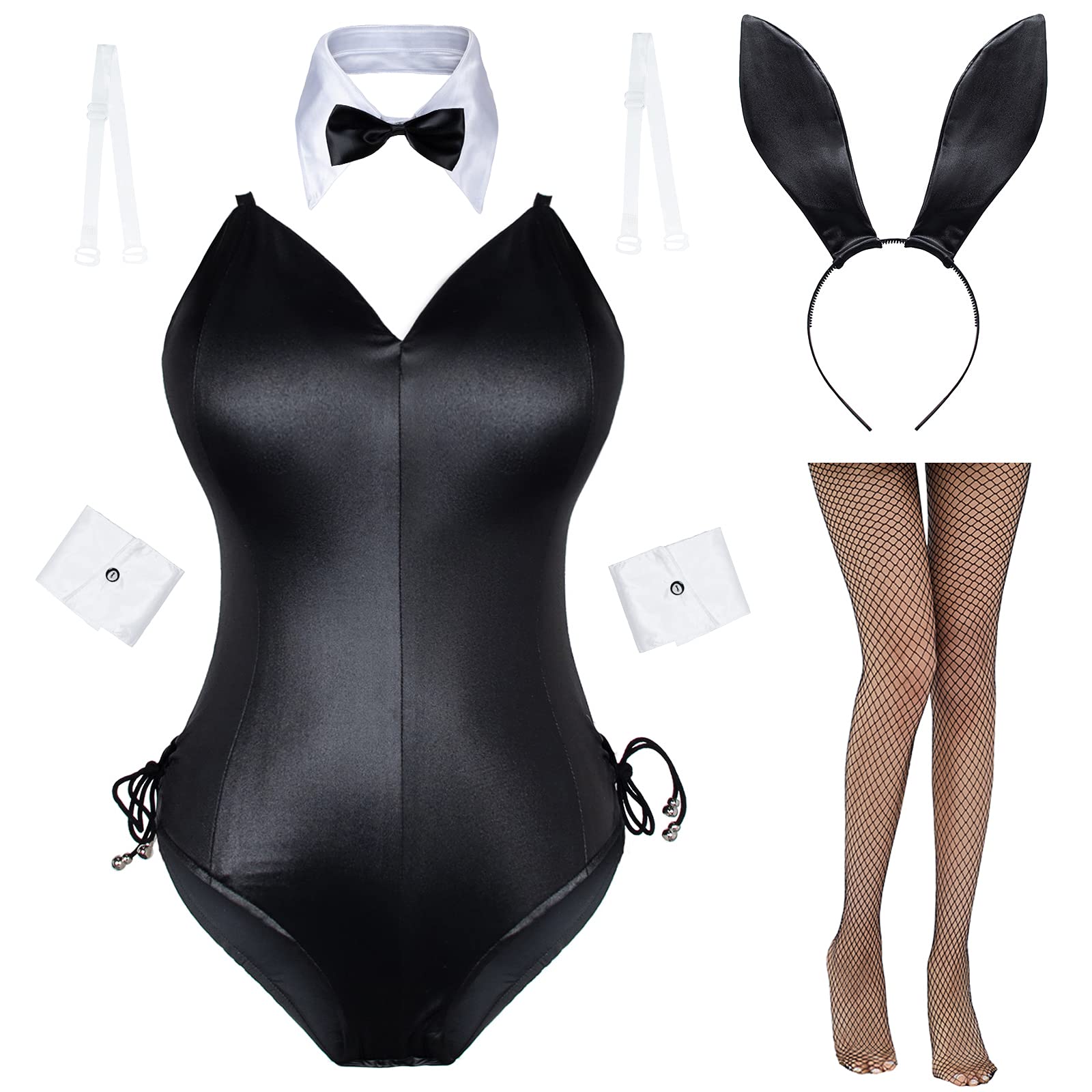 Womens Bunny Costume Girl Suit Senpai Cosplay Anime Role Costume One Piece Bodysuit Stockings Set: 5X-Large Black/White-removable Padded